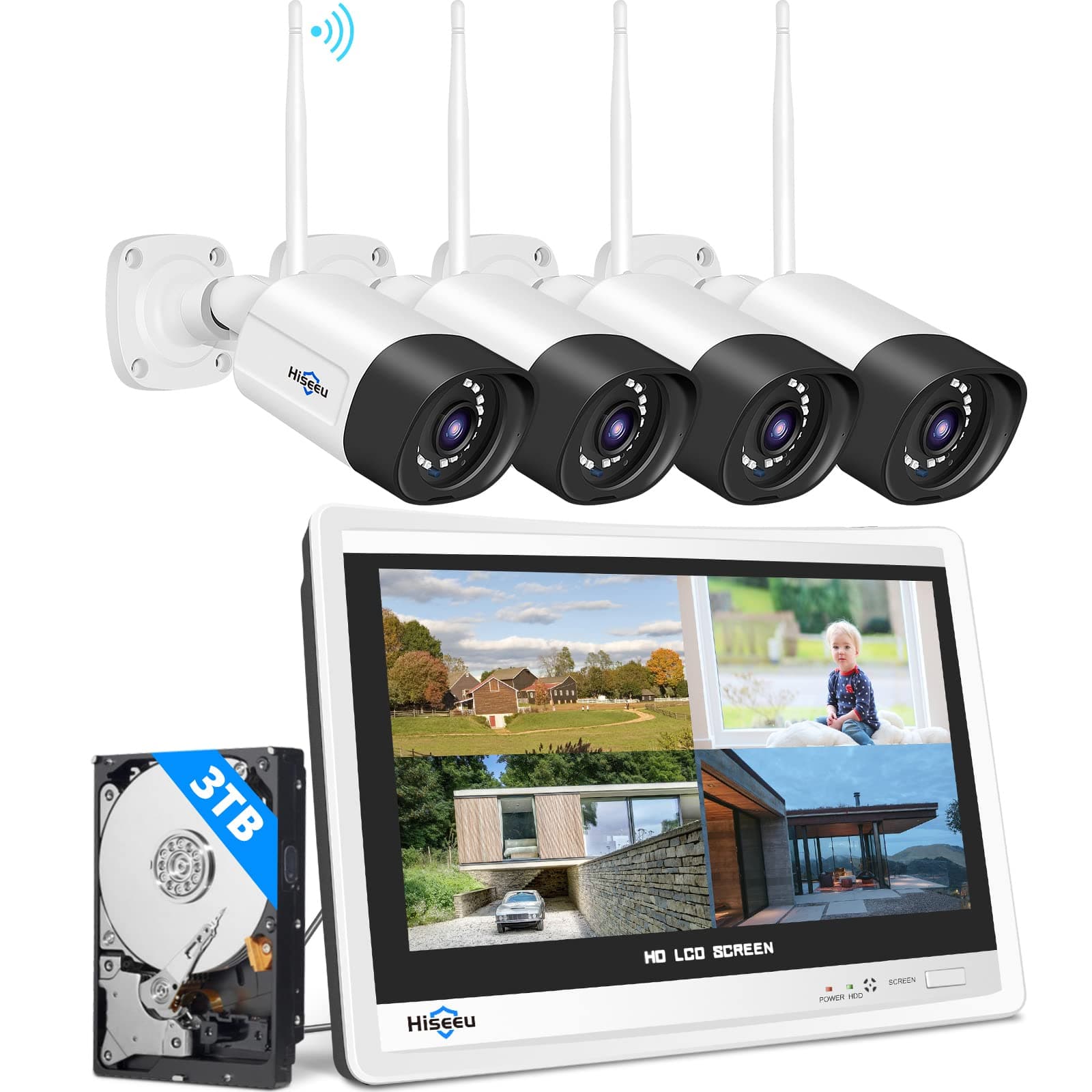 【5MP+3TB HDD】Hiseeu 5MP Kit Videosorveglianza WiFi Esterno,10CH NVR con 12" Monitor,4X5MP Telecamera WiFi,Visione Notturna a Colori,Rilevamento Movimento,Allarme Luce Sonora Telefono/PC Remoto Alexa