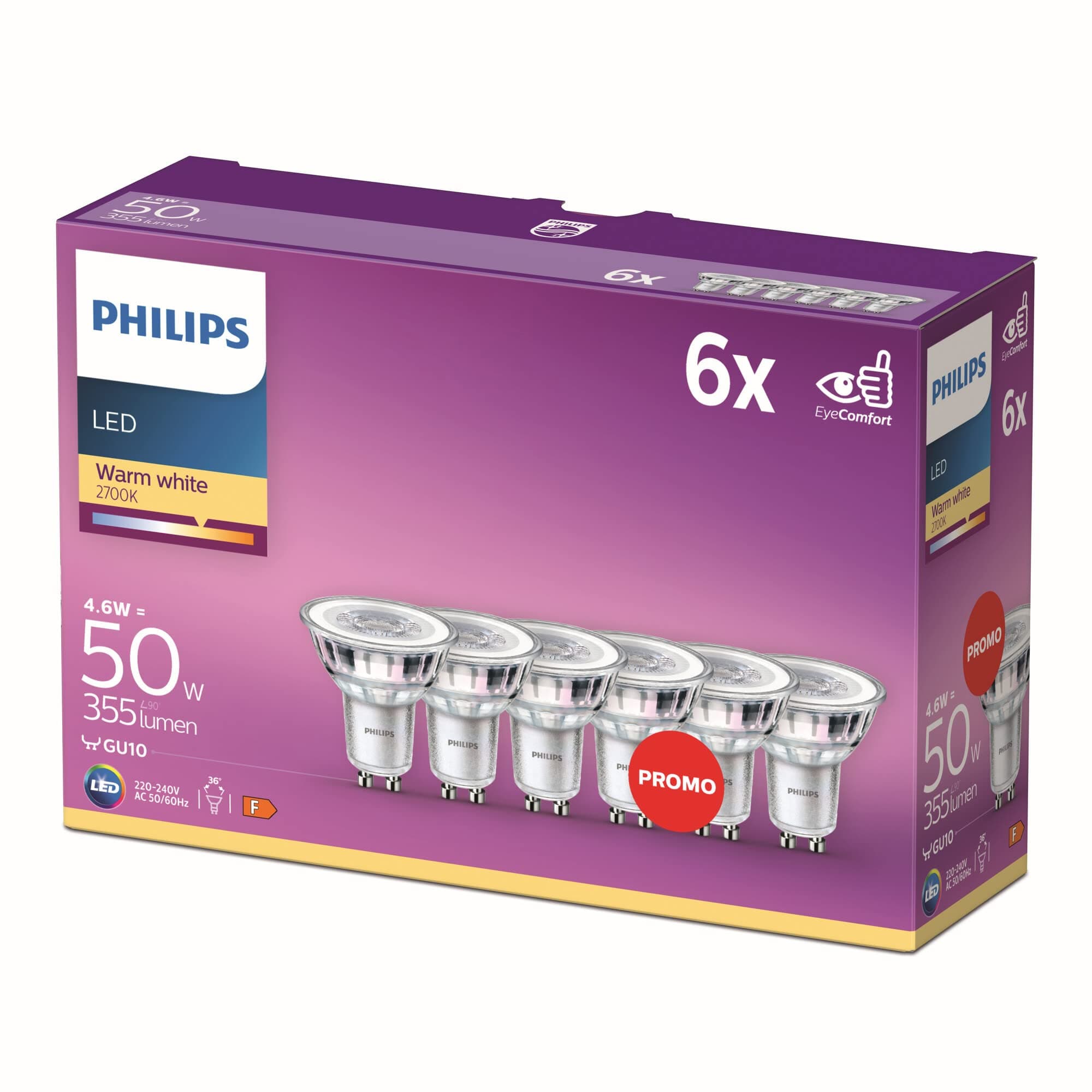 Philips LED classic, Ampoule équivalent 50 W, GU10, Lot de 6, Blanc Chaud (2700 Kelvin), 355 Lumens, Réflecteur