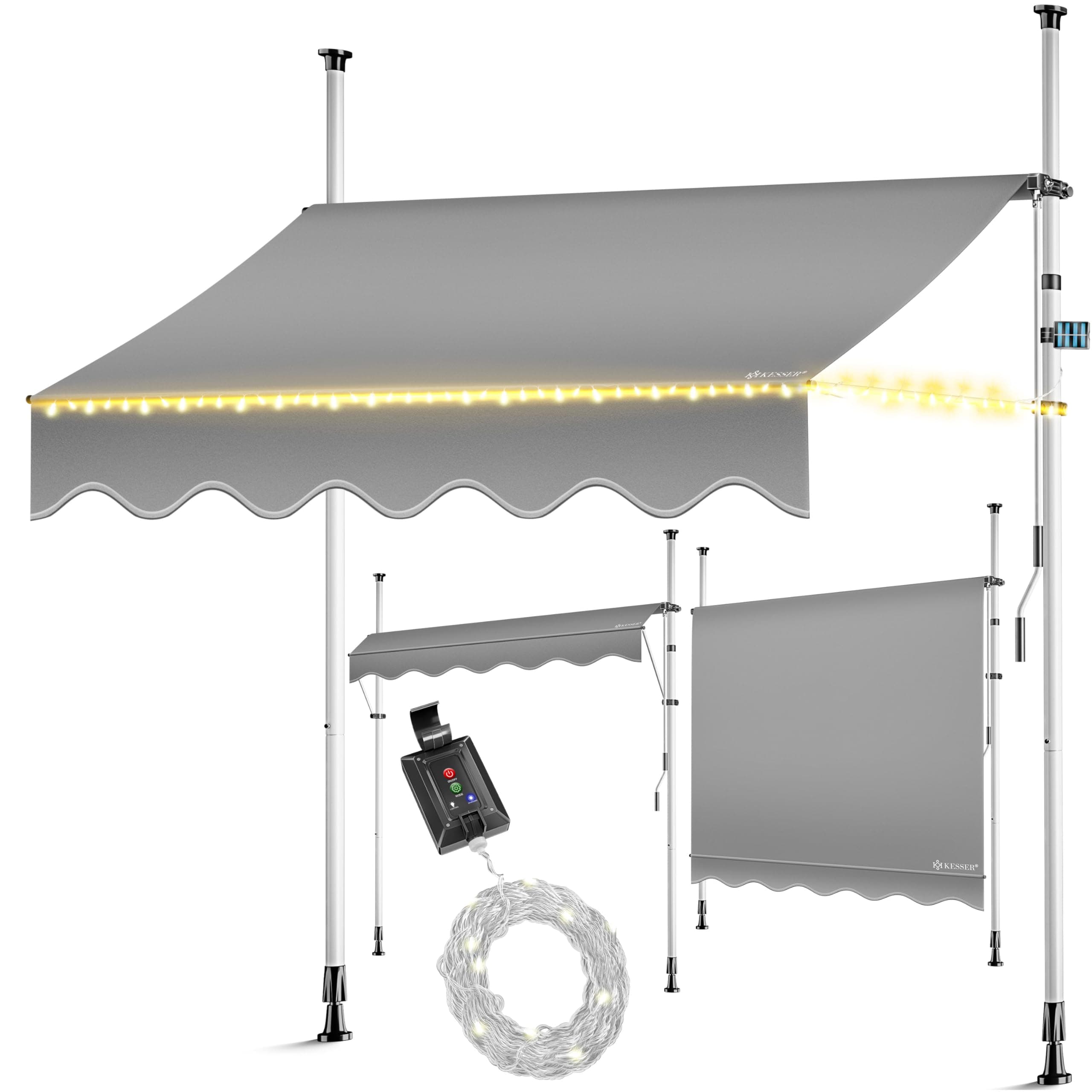 KESSER® Klemmmarkise mit Handkurbel & LED Lichterkette | Balkonmarkise ohne Bohren | Markise UV-beständig höhenverstellbar & wasserabweisend | Sonnenschutz für Balkon Terrasse & Garten 250cm