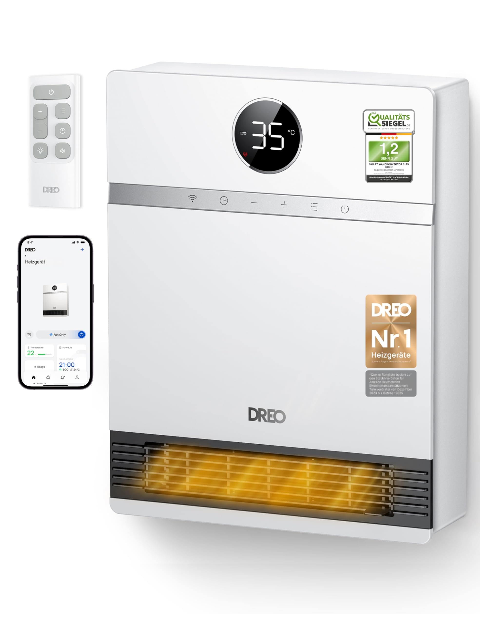 Dreo Smart Wandkonvektor, 30° Lüfterauslass, 2000W, einstellbarer Thermostat, Fernbedienung, Wochentimer, einfach zu montierende Heizung für den Innenbereich, kompatibel mit Alexa