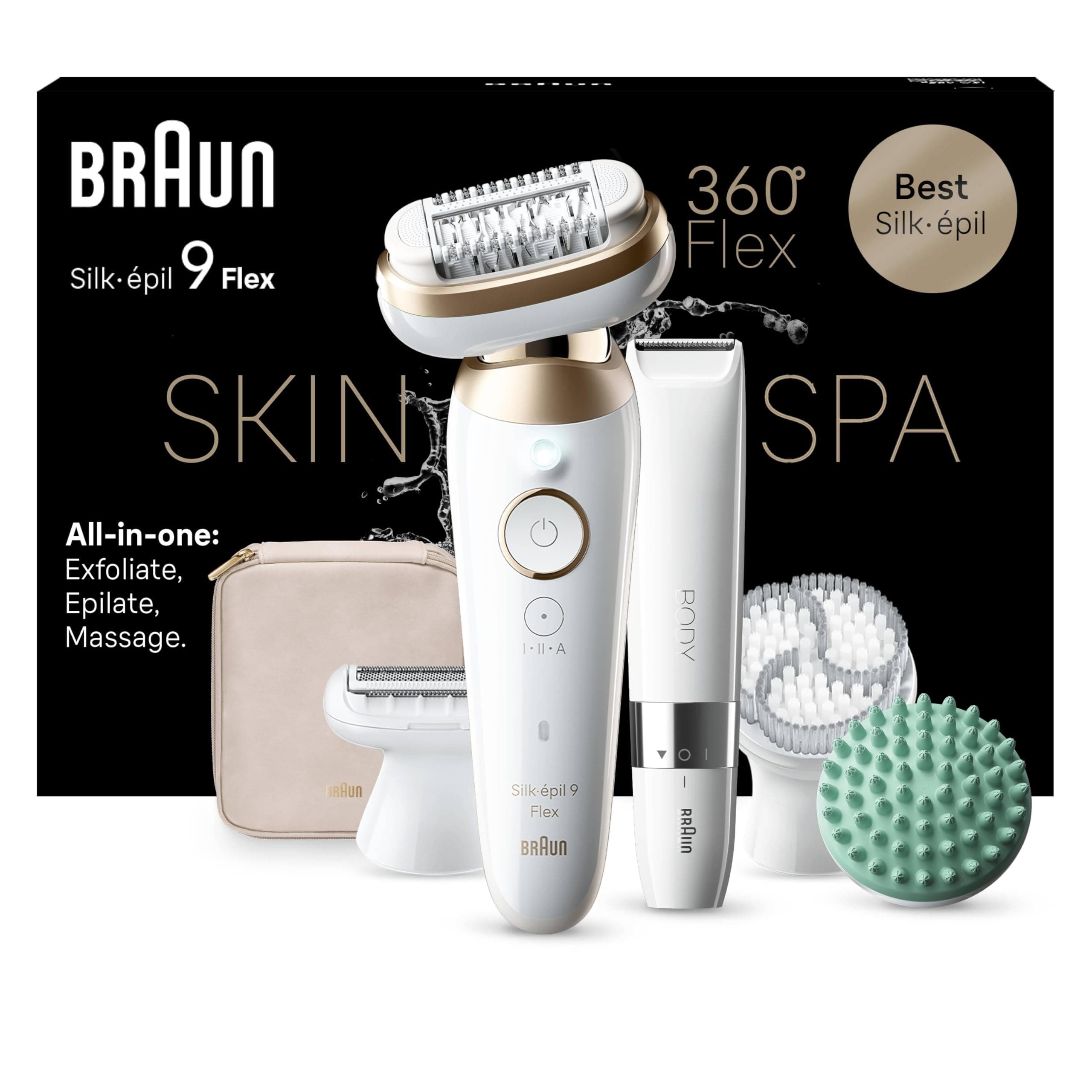 Braun Silk Epil 9 Flex SkinSpa Epilatore Elettrico Donna Con Testina Flessibile A 360° Per Una Epilazione Semplice, Wet & Dry, Pelle Liscia A Lungo, Idea Regalo, 9-481 3D Bianco/Oro