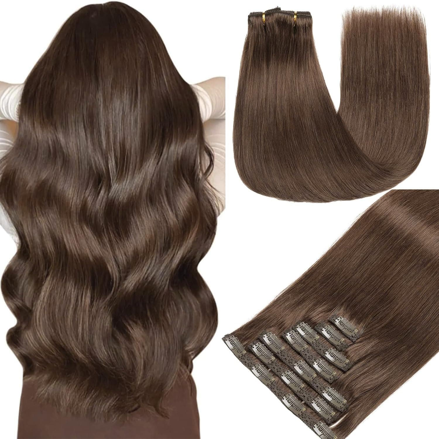 GUDOZO Extensions à Clip en Cheveux Humains - 7 Pièces, 50cm, 120g, Invisible, Skin Weft (20 Pouces, 4#)