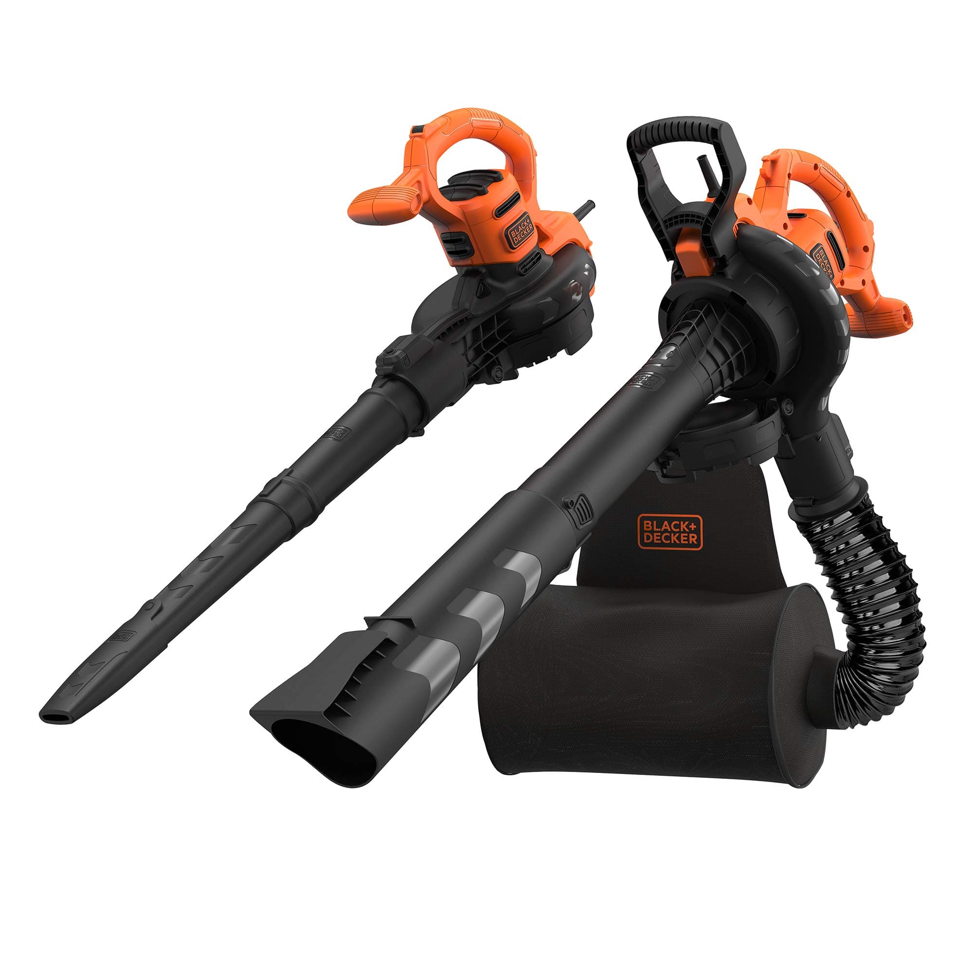 BLACK+DECKER BEBLV260 Aspirateur à Feuilles électrique 3 en 1 avec broyeur, Vitesse de soufflage élevée de 315 km/h, Sac collecteur de 55 l, pour terrasses, chemins, allées Noir/Orange