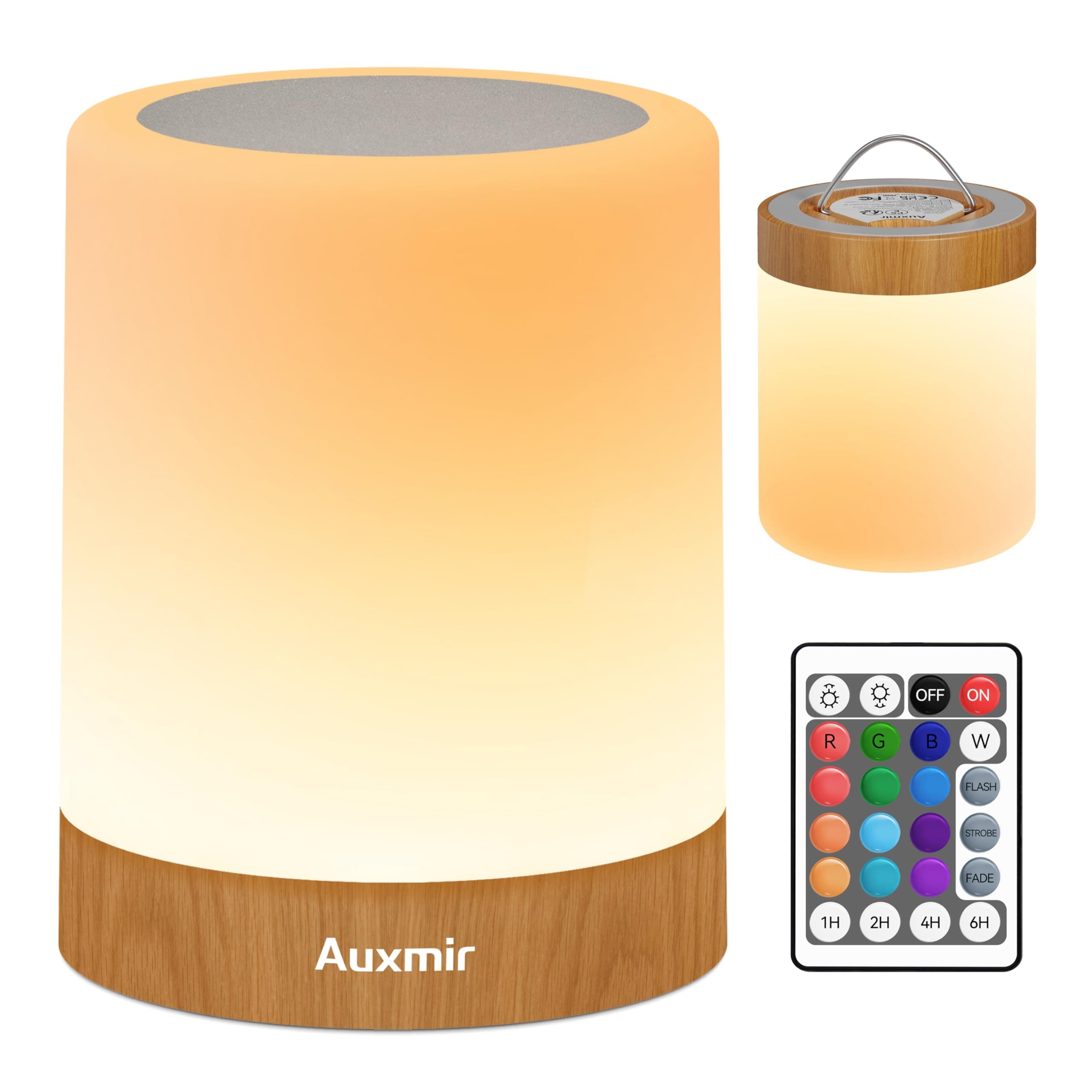 Auxmir Lámpara de Mesita de Noche, 3000mAh Recargable Lámpara LED de Mesa con USB, Temporizador, Control Táctil y Remoto, 13 Colores de Luz Regulable, Lámpara Noche Inalámbrica Colgante, Marrón Claro