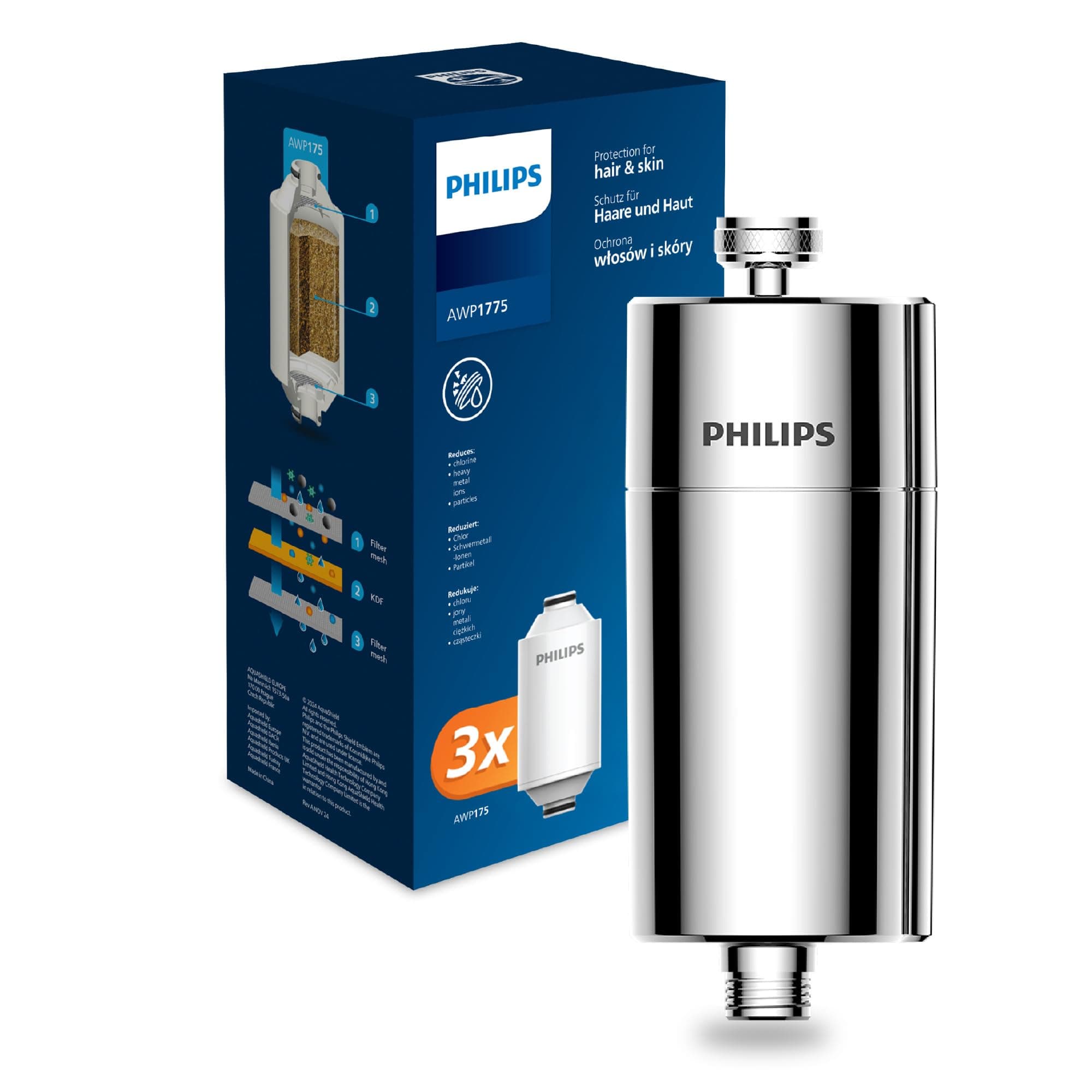 Philips Water Inline-Duschfilter +3 Ersatzfilterkartuschen reduziert Chlor um bis zu 99 Prozent passend für alle Standardschläuche und -armaturen chrom 50 000 L Filterkapazität