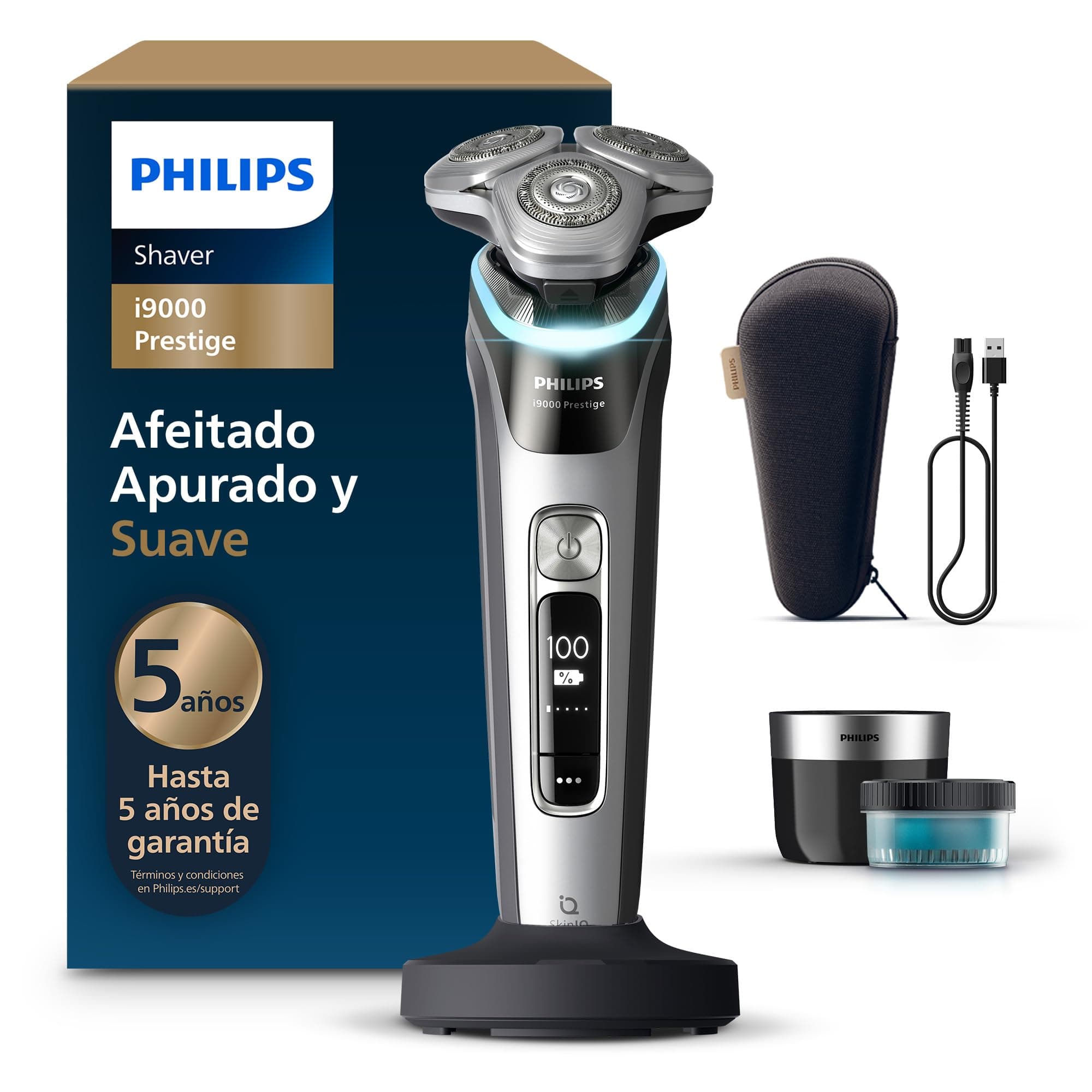 Philips i9000 Prestige, Afeitadora Eléctrica Hombre, Máquina de Afeitar Barba en Seco y Húmedo, Tecnología SkinIQ, Base de Carga, Recargable, Estuche de Viaje, Centro de limpieza, XP9205/30