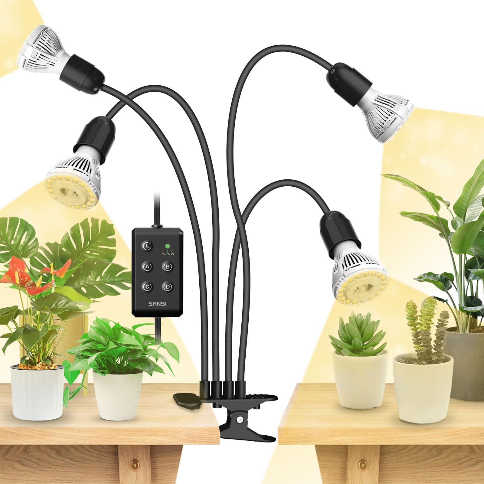 SANSI Lámpara de Cultivo Plantas 600W de Espectro Completo 4000K, Luces de Crecimiento Ajustable en Altura con Temporizador Automático 4/8/12H para Plantas de interior - Negro