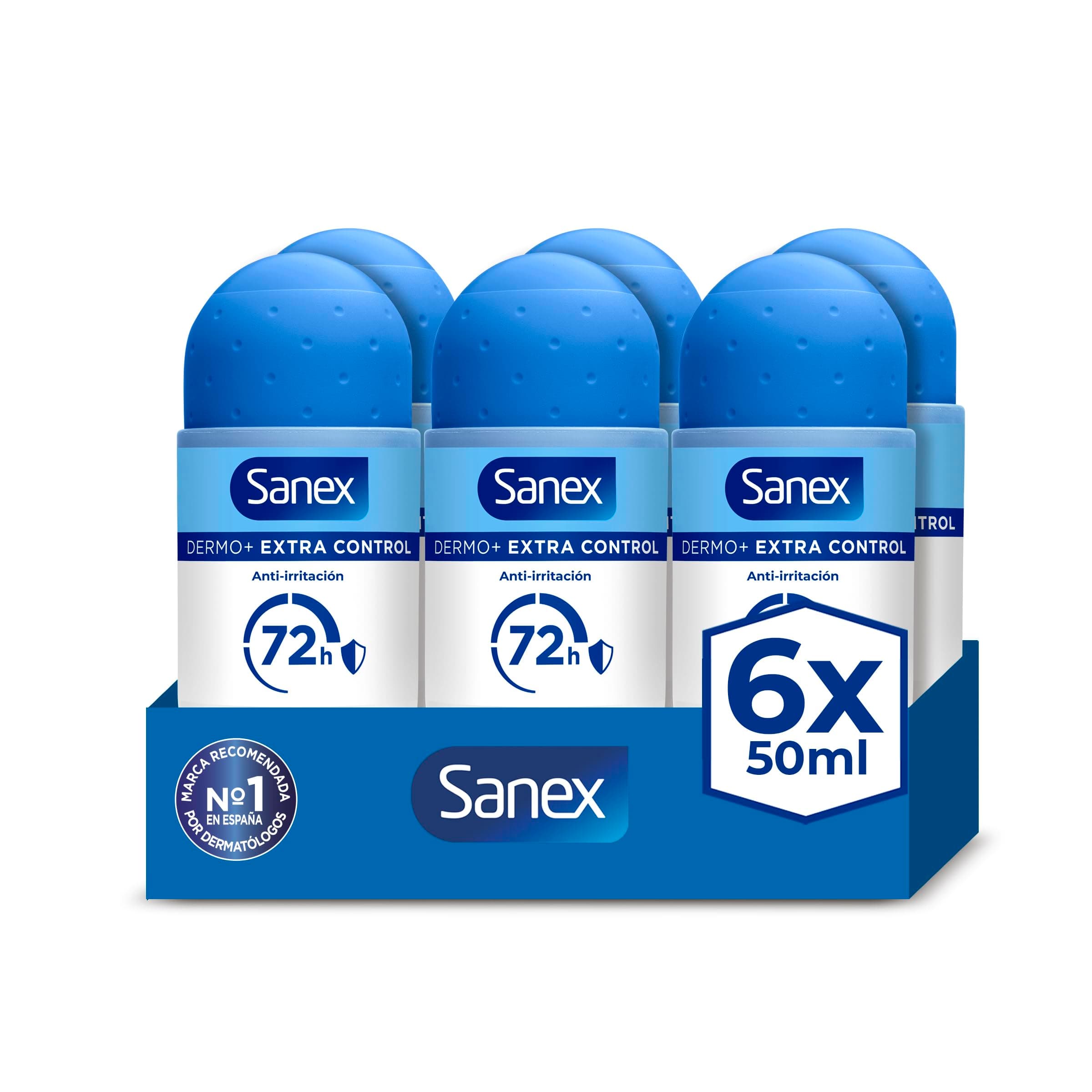 Sanex Dermo+ Extra Control Desodorante Antitranspirante Roll-On 72 Horas 6x50 ml– protección efectiva contra el sudor y el mal olor – dermatológicamente testado– contiene 0% alcohol*
