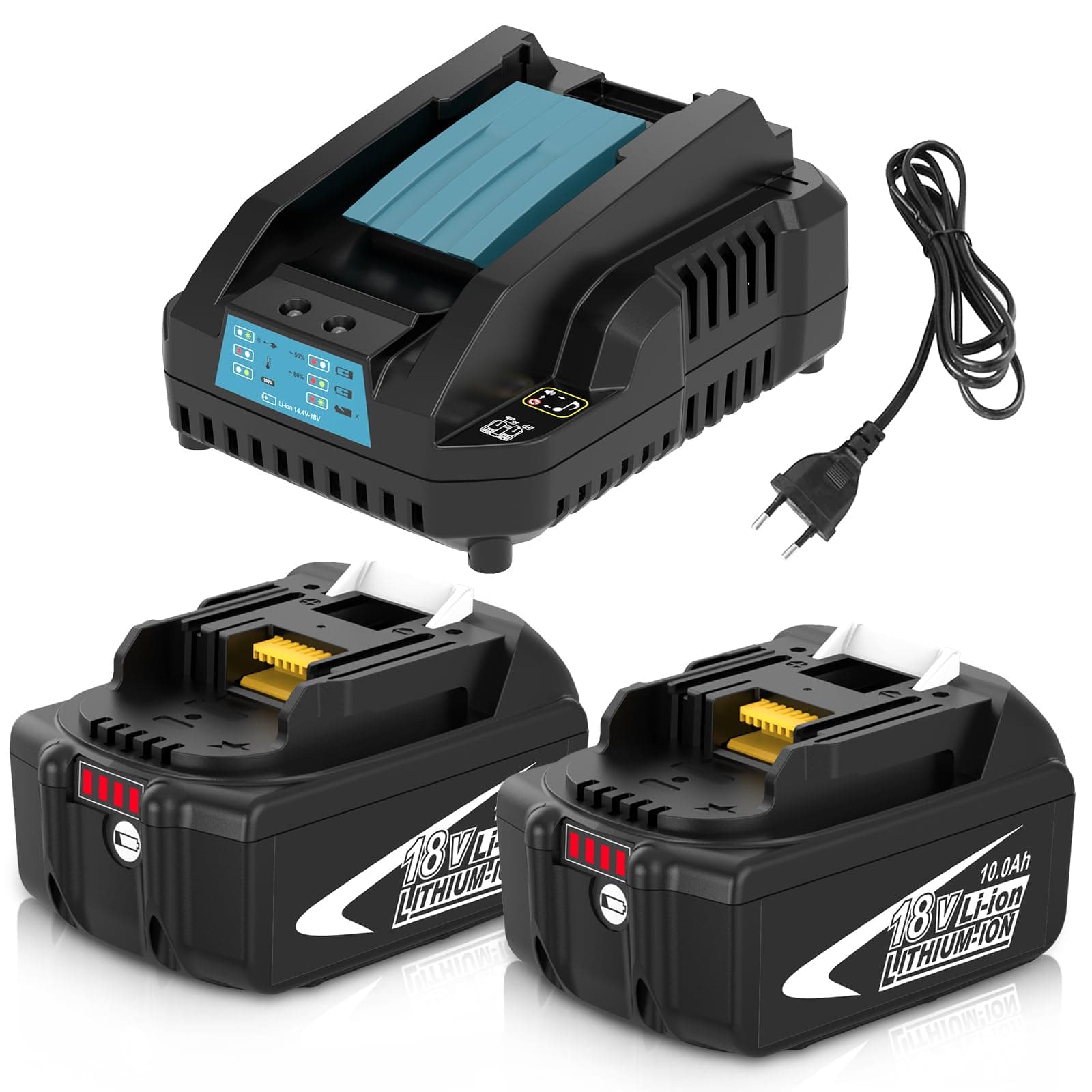 Pack de 2 Batteries 10.0Ah de Rechange pour Makita Batterie 18V BL1860B + Chargeur DC18RC Compatible Outils sans Fil LXT DHP485 DTD154 DHS68