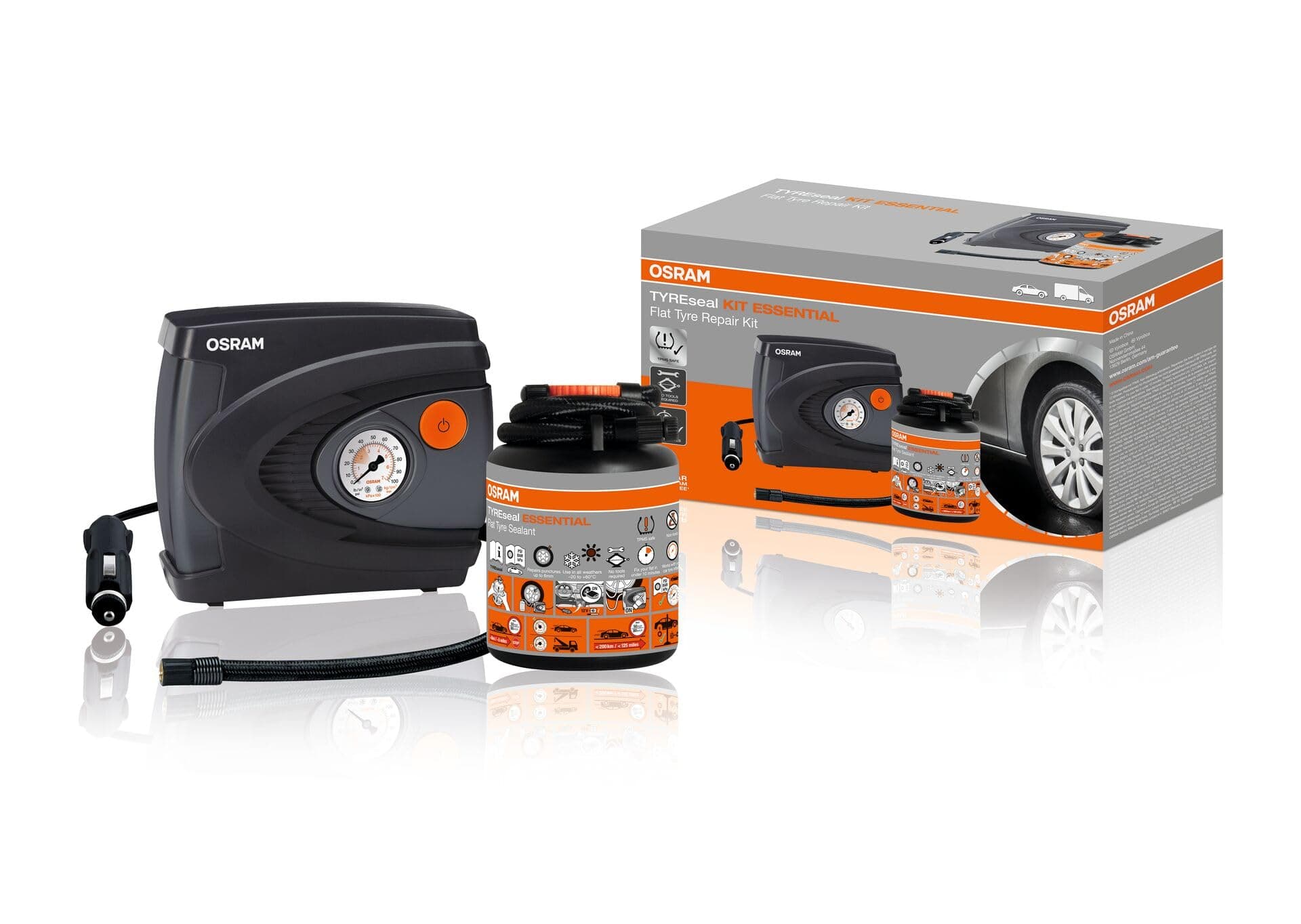 Osram TYREseal KIT Essential, 450 ml Reifendichtmittel und analoger Premium-Reifenfüller, RDKS geeigne, inklusive Aufbewahrungsbox