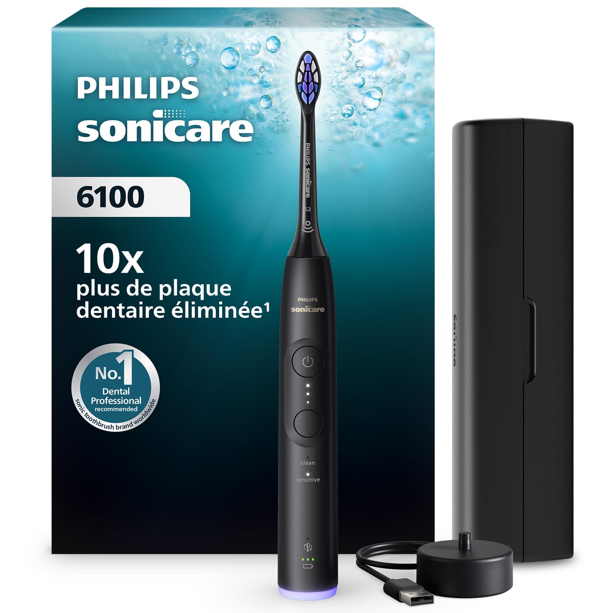 Brosse à dents électrique Philips Sonicare série 6100 – Nouvelle génération, capteur de pression, 6 réglages, SmarTimer, BrushPacer, autonomie 21 j, étui de voyage, coloris noir, modèle HX7401/12