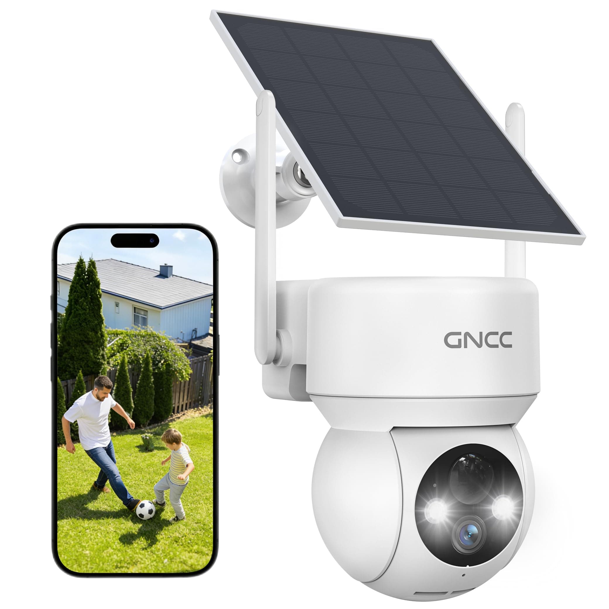 GNCC Telecamera WiFi Esterno Senza Fili con Pannello Solare, 2MP Videocamera Sorveglianza Esterno a Batteria 5200mAh, Rilevamento PIR/Umano, 360° PTZ, Visione Notturna a Colori, Audio Bidirezionale