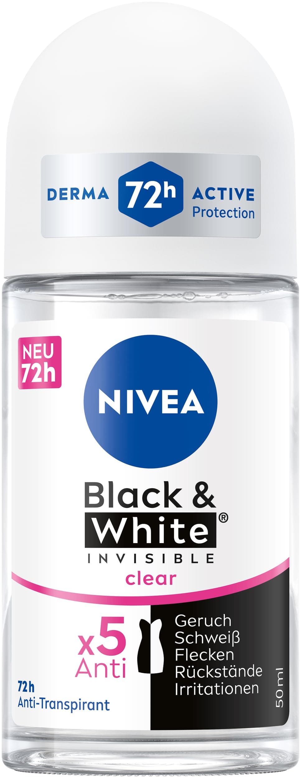 NIVEA Black & White Invisible Clear Deo Roll-On, Antitranspirant mit Anti-Flecken-Formel und ohne Ethylalkohol, Deodorant für 72h Schutz (50 ml)