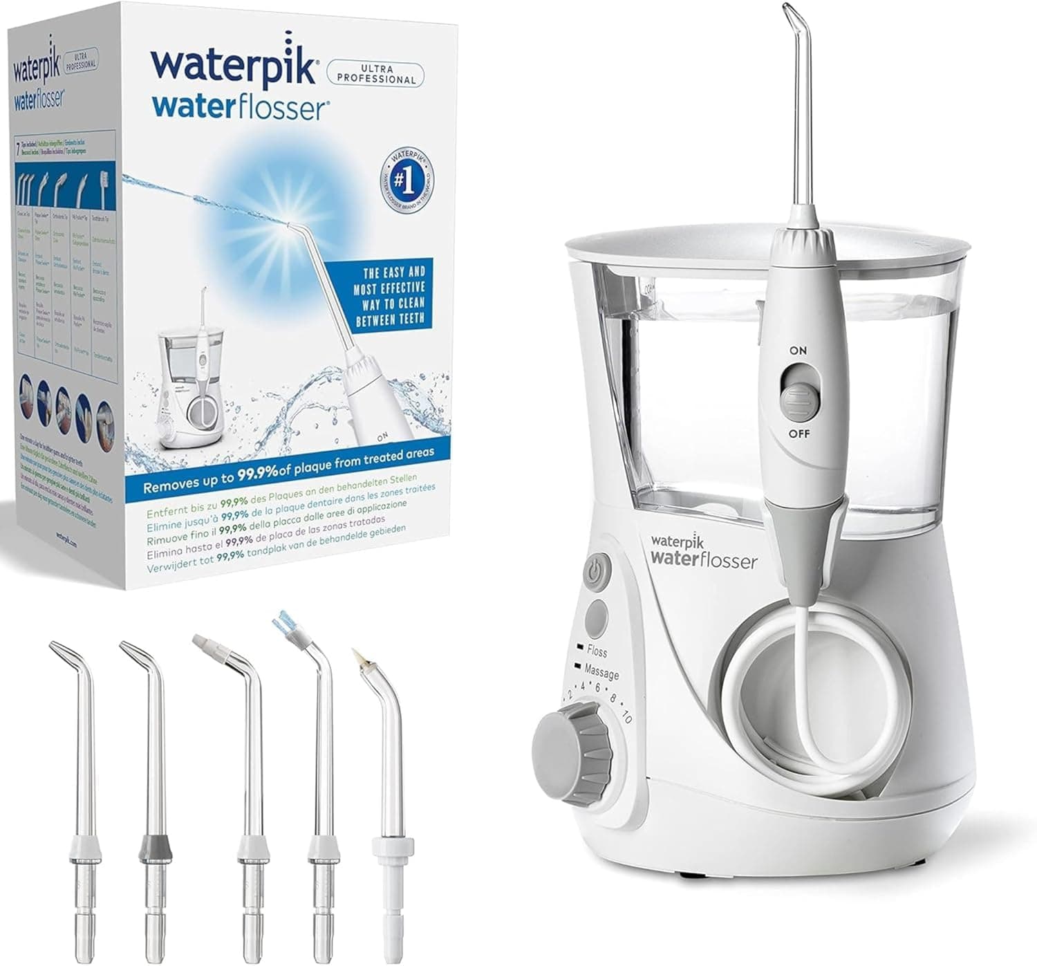 Waterpik Idropulsore Dentale Ultra Professional con 6 Testine e Sistema Avanzato di Controllo della Pressione con 10 Impostazioni, Strumento di Rimozione della Placca Dentale, Bianco (WP-660EU)