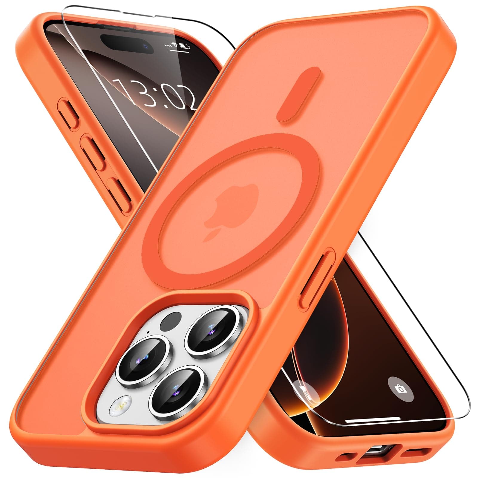 Vansdon Cover Magnetica per iPhone 15 Pro con 1 Pezzi Vetro Temperato, Compatibile con Magsafe, Protezione anticaduta di livello militare, Custodia Traslucida Opaca Sottile Antiurto-Arancia