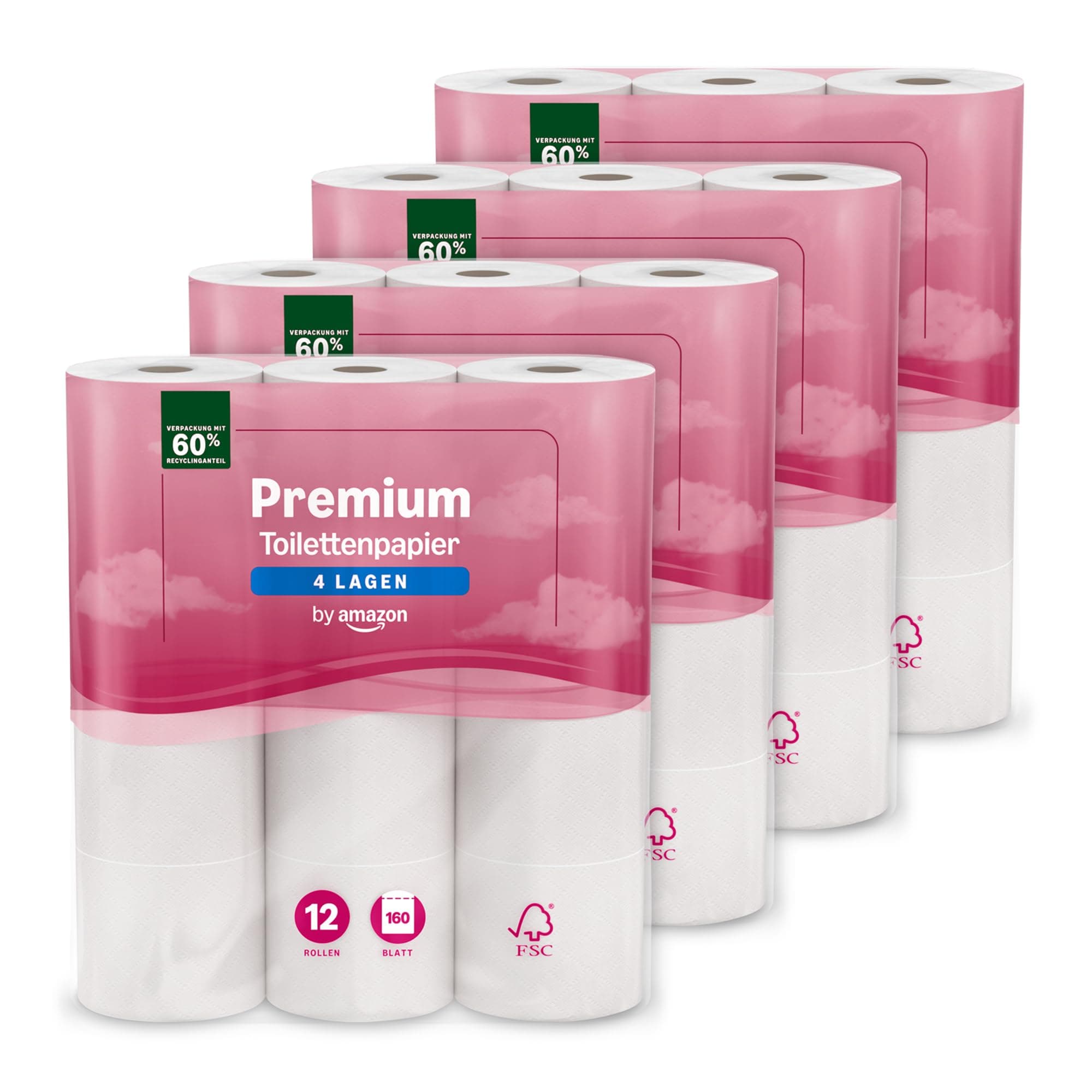 by Amazon Premium Toilettenpapier, 4-lagig, 48 Rollen (4 Packungen à 12 Stück), 160 Blatt pro Rolle, FSC-zertifiziert