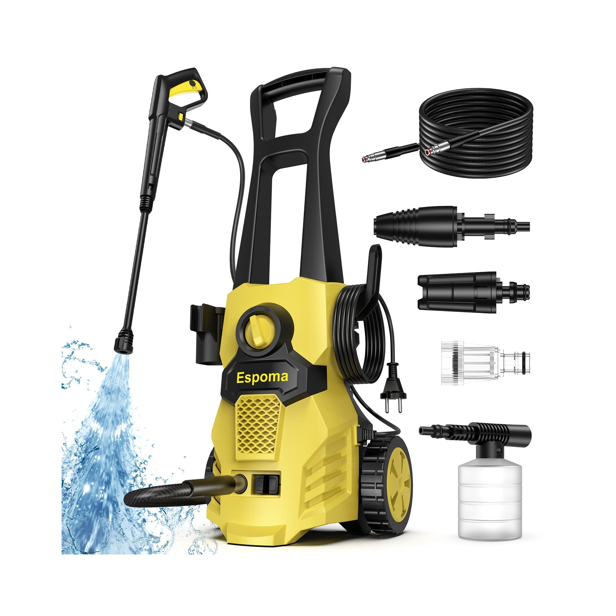 Espoma Hidrolimpiadora de Alta Presión, 120 Bar, Caudal de 380 l/h, área de Trabajo 30 m²/h, Ideal para Hogar, Jardín y Coche –Incluye Manguera de 7m, Bomba de Aluminio, Radio de Acción 12m