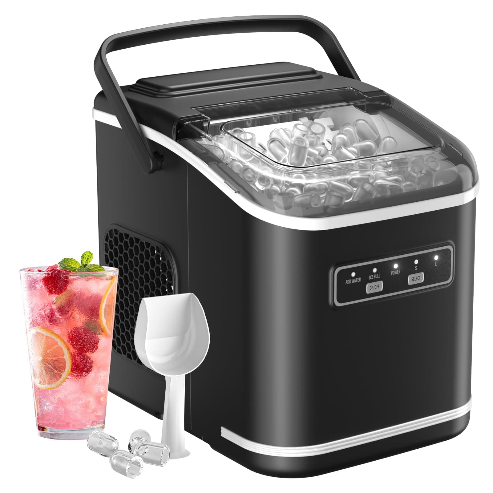 Acmeenjoy Macchina Ghiaccio 12kg/24h, Autopulente Macchina per il Ghiaccio Casa 1,5L, Silenzioso, 9 Cubetti in 6 Minuti, Ice Maker con Maniglia/Paletta/Cestello, Nero