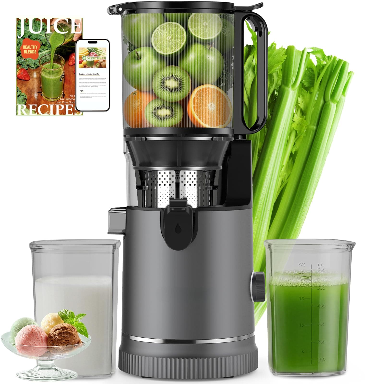 Extracteur de Jus à Froid 400W, Goulotte XL 152 mm pour Fruits et Légumes Entiers, Tamis 3-en-1 (Jus, Sorbet & Lait de Noix), Haut Rendement, Sans BPA, Lavable au Lave-Vaisselle, 1,8L