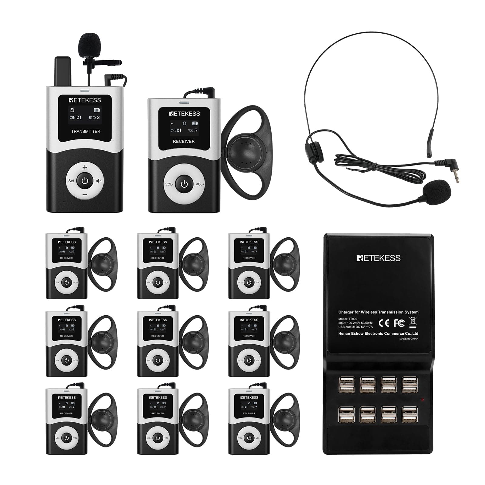 Retekess T130U (T130 4rd) Sistema De Guía Turístico Inalámbrico, Audio Tour Guide System 200M, U Banda Tecnología, Sonido Claro, 16 Puertos USB, Ideal para Museos, Fábricas e Iglesias