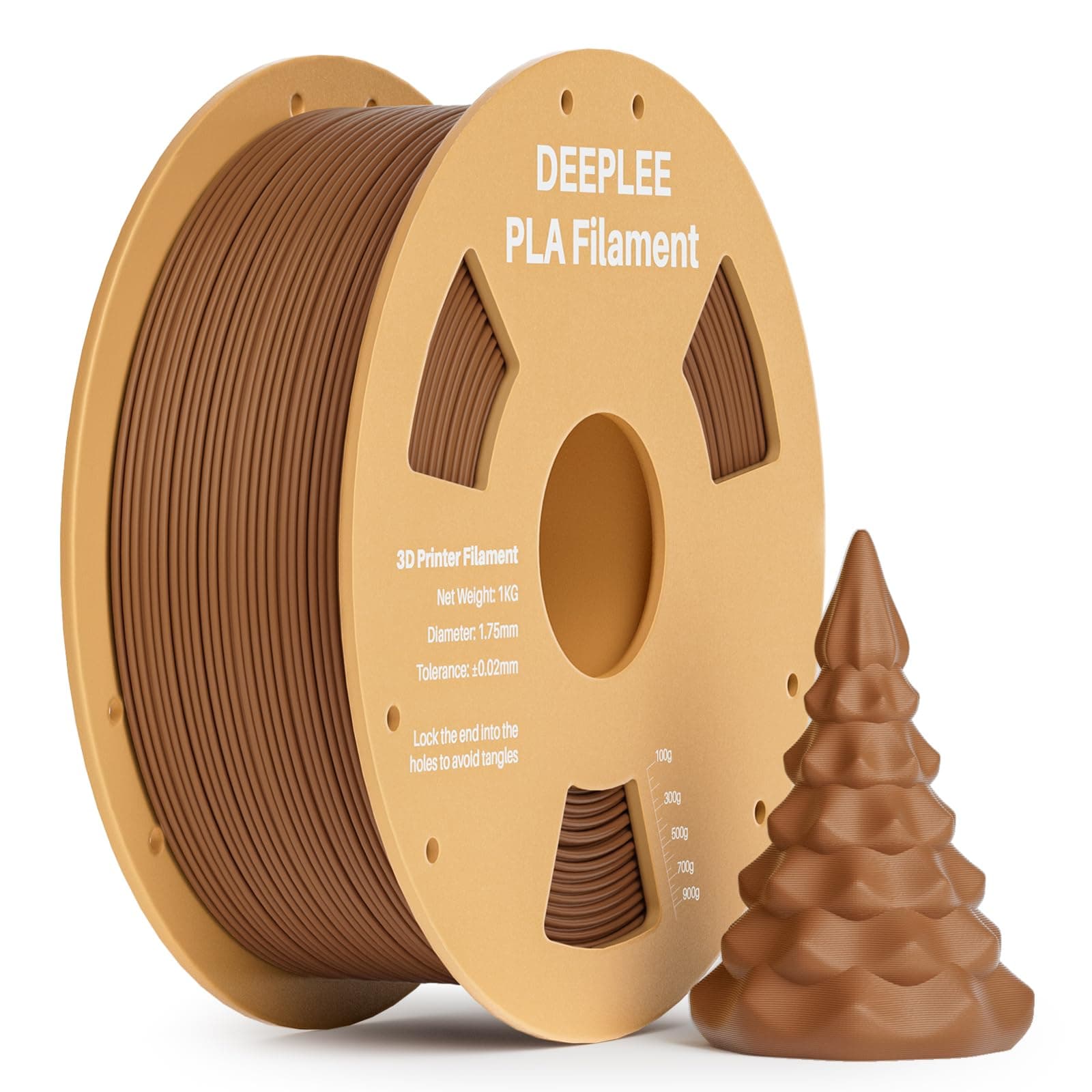 DEEPLEE Filamento PLA 1.75 mm, Bobina 1 kg Marrón. Precisión ±0.02 mm. Enrollado Perfecto, Sin Atascos. Compatible con Impresoras 3D FDM.