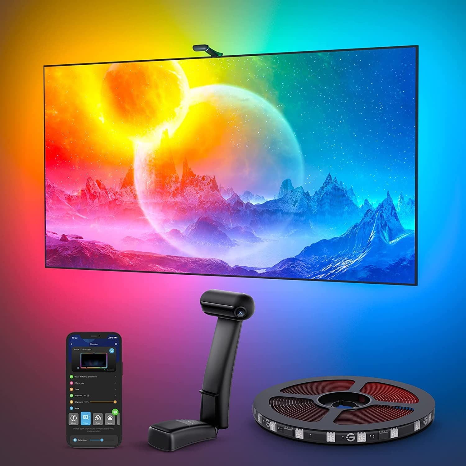Govee T2 Envisual Backlights con Dual-Cámara, 5m RGBIC WiFi Tira LED soporta TV de 75-85 Pulgadas, Adaptan a Televisor Ultrafino T2 Tira DreamView para Juego y Entretenimiento Doméstico