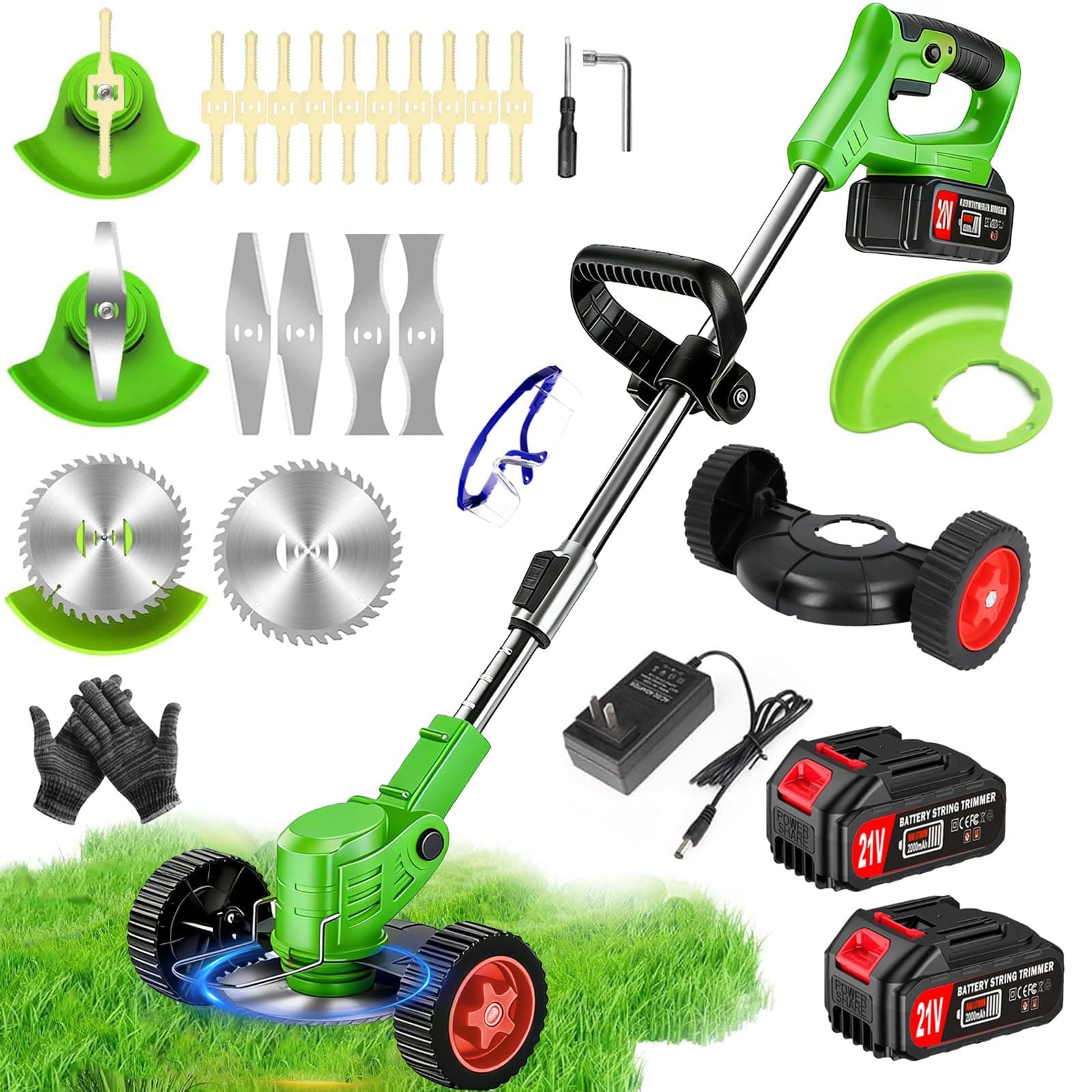 DéBroussailleuse à Electrique sans Fil 21V 2.0Ah Coupe Bordure sans Fil avec 2 Batterie et Chargeur Rapide Taille Bordure avec Roues Trois Types De Lames,légères et à Faible Bruit,pour Jardin Élagage