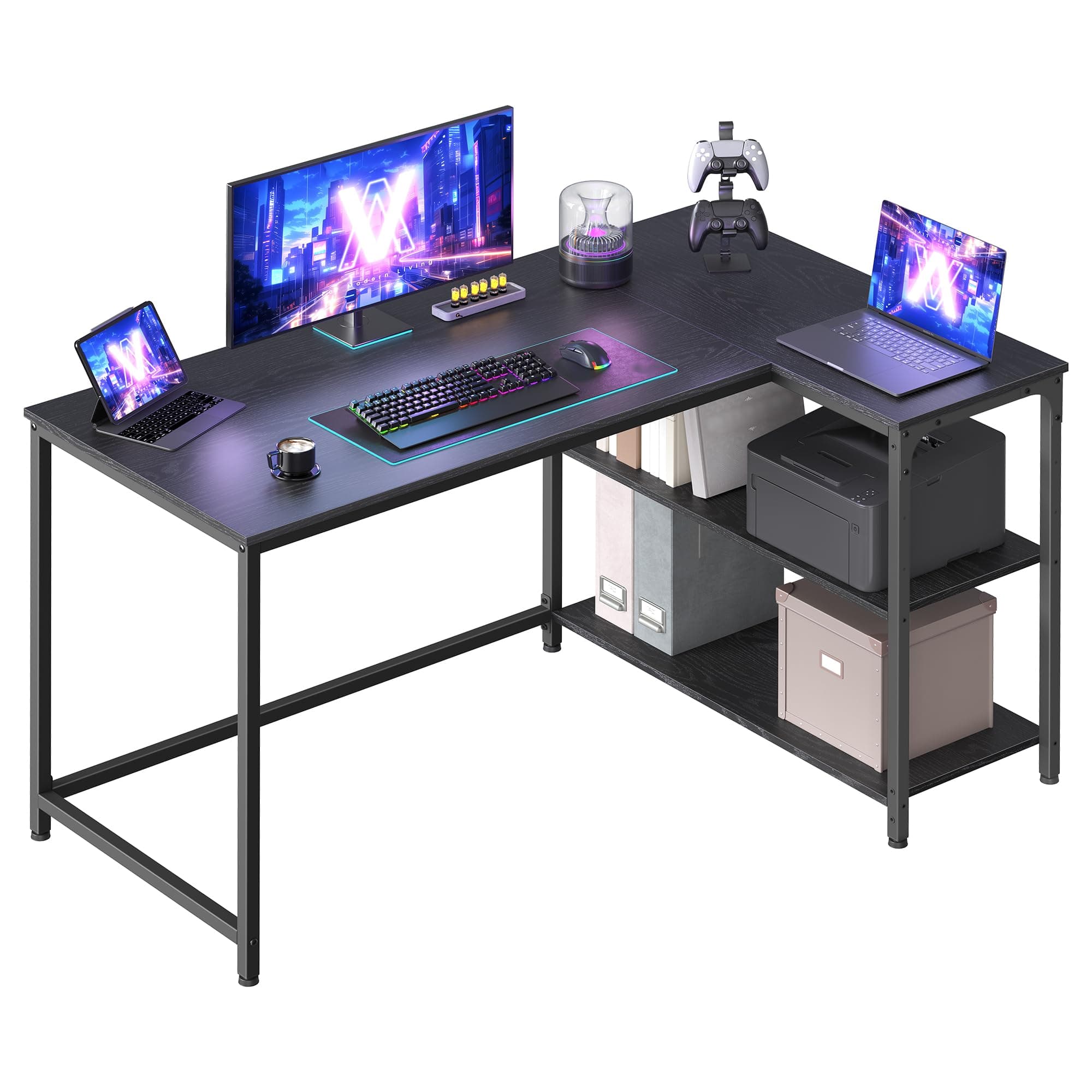 VASAGLE Scrivania Angolare a L, Scrivania Gaming per Computer con Scaffale Reversibile, Ripiano Regolabile in Altezza, per Studio Ufficio, 120 x 80 cm, Nero Ebano LWD136BE01