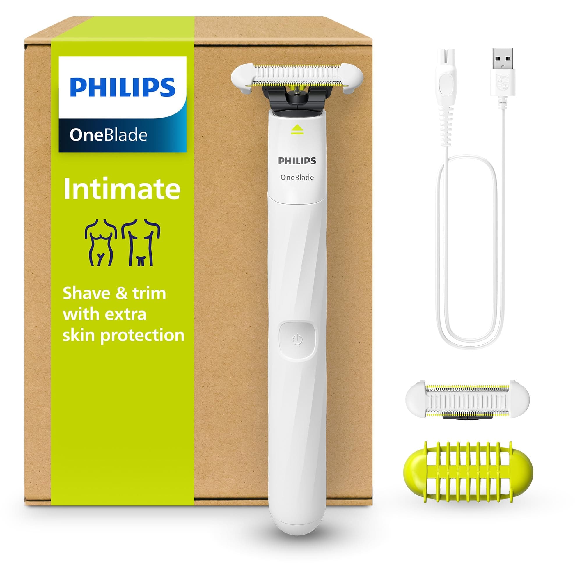 Philips OneBlade Intimate - Elektrischer Intimrasierer und Intimtrimmer für Damen und Herren, mit extra Hautschutz, 2x SkinProtect Klingen, 1x 3-mm-Trimmaufsatz, QP1924/30, Weiß