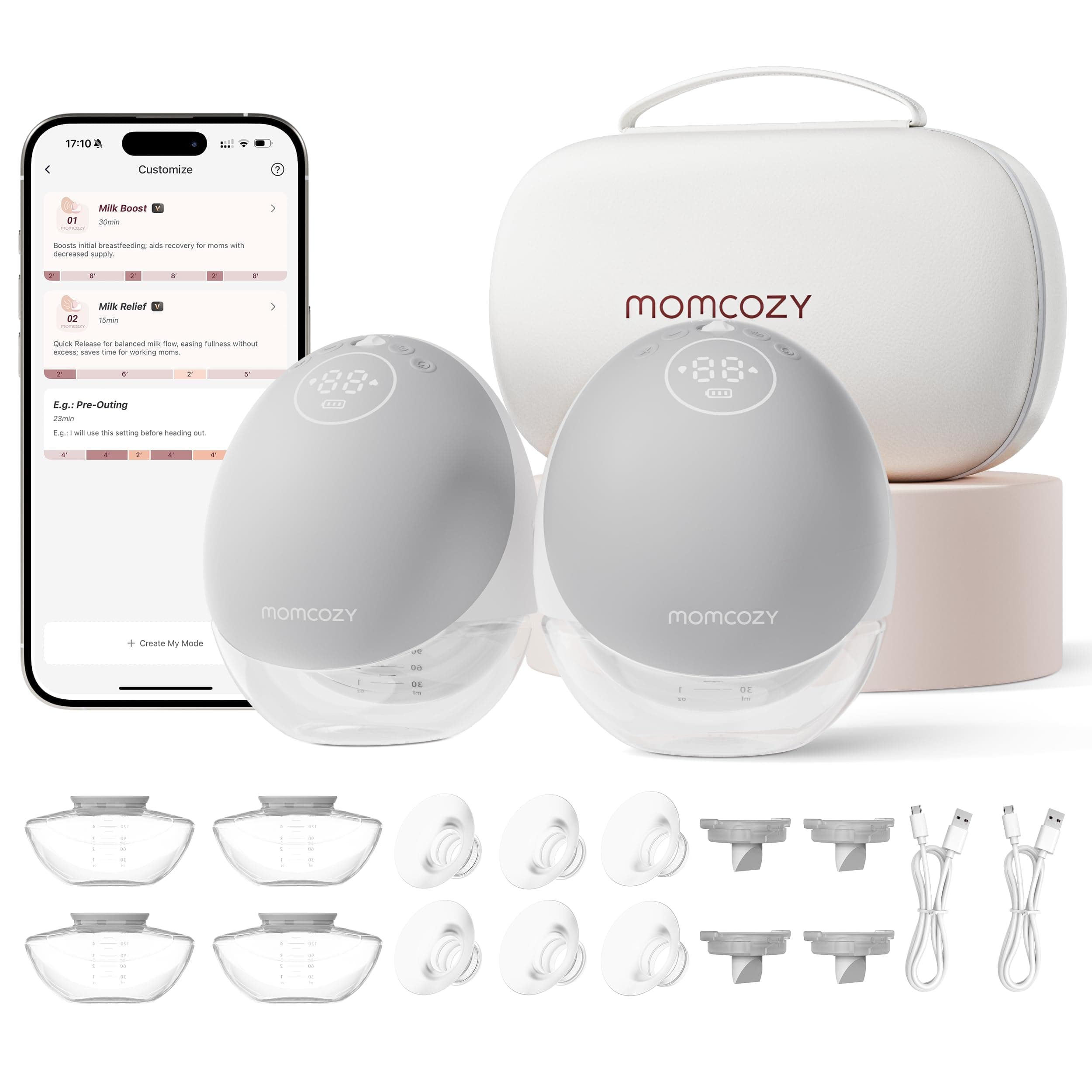 Momcozy Sacaleches Manos Libres Mobile Flow | M9 Mejorado, Eléctrico y Controlado por App, Múltiples Modos & 15 Niveles, Sacaleches Portátil, 24 mm (2, Gris)