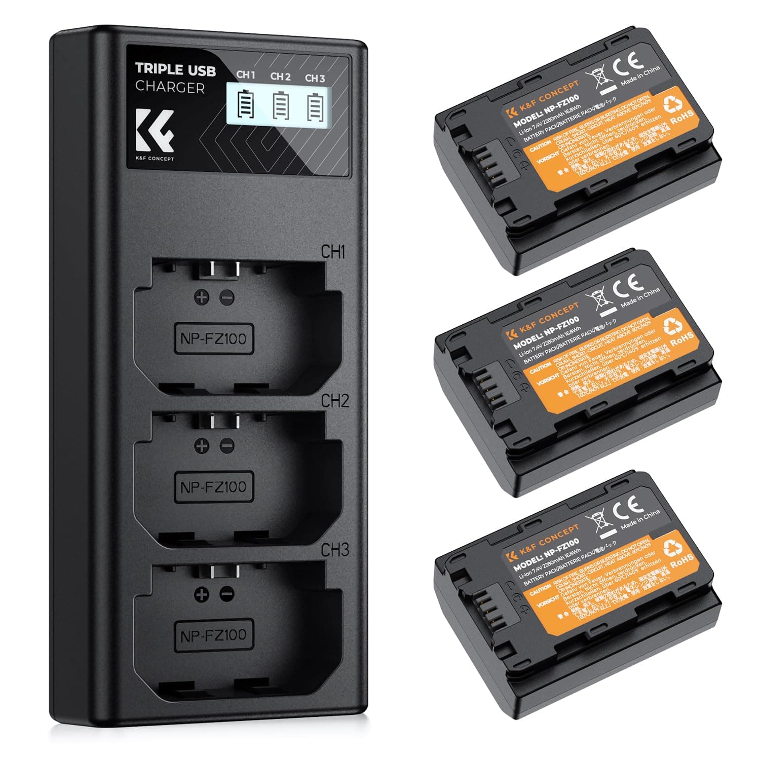 K&F CONCEPT NP-FZ100 Batterie et Chargeur à Trois Slot, 3 X 2280mAh Remplacement Batterie pour Sony A7iii, A7iv, A7C, FX3, FX30, A9, A6600, A6700, ZV-E1, ZV-E10ii, Alpha 9, A9S, A7R III, A7R IV, A7RV