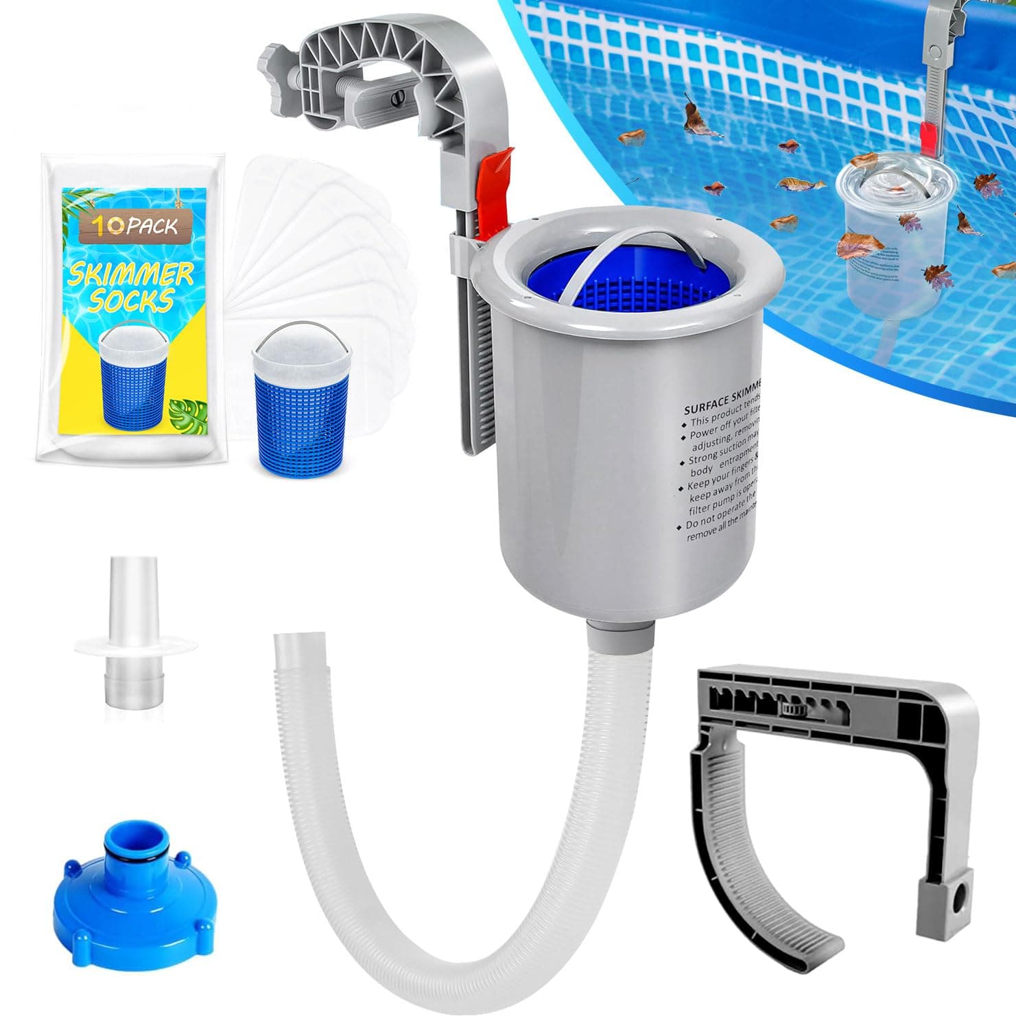 ROMIVO Skimmer pour Piscine Hors Sol avec 10 Chaussettes de Skimmer, Panier Flottant pour Piscine Hors Sol, pour Les Piscines Gonflables Intex, élimine Efficacement Les Feuilles et Les Débris