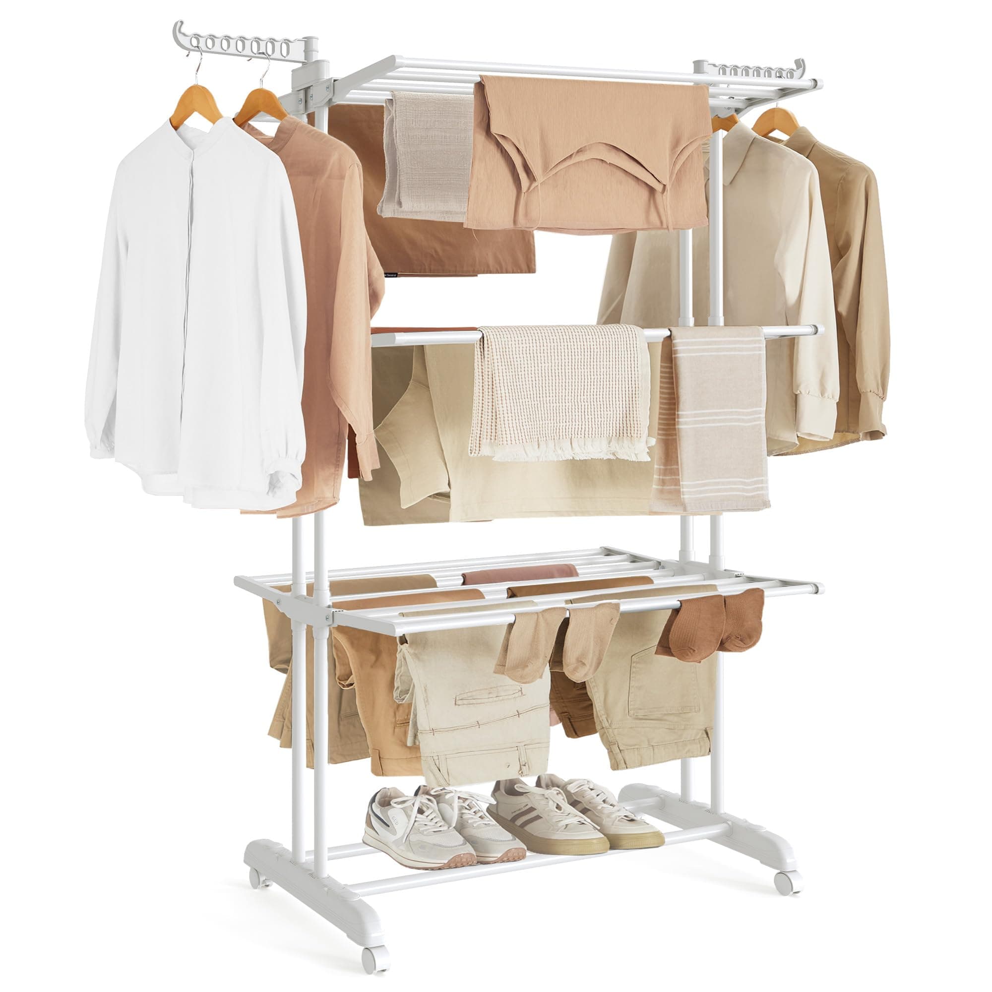 SONGMICS Stendibiancheria, Stendino Pieghevole a 4 Livelli, con Ruote e Ali Richiudibili, 63,5 x 128 x 173 cm, Capiente, Uso Interno ed Esterno, Bianco Nuvola LLR701W03
