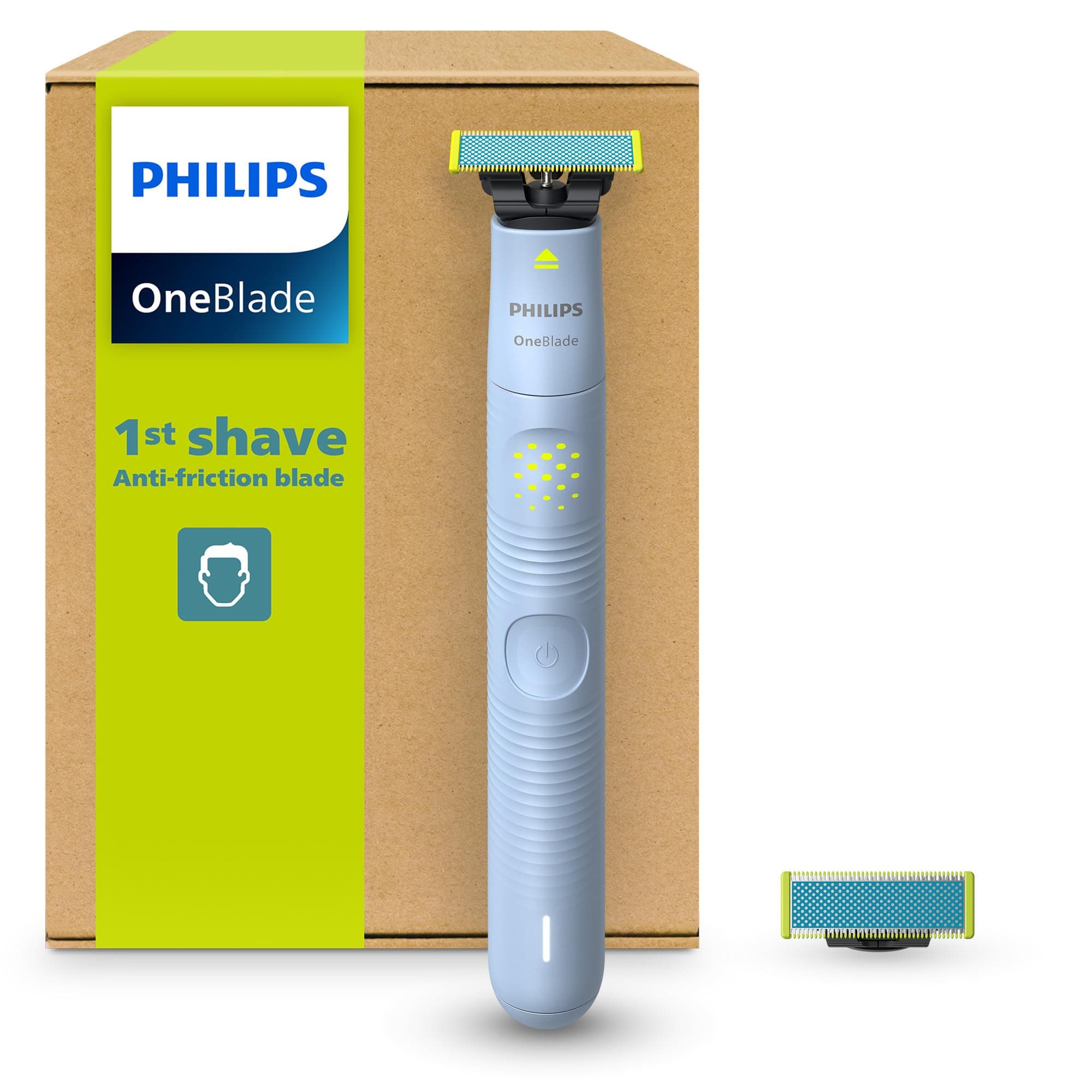 Philips OneBlade First Shave Rasoir électrique hybride pour adolescents – doux avec la peau pour un premier rasage sans effort, 2x lames anti-friction (8 mois d’utilisation), modèle QP1326/30