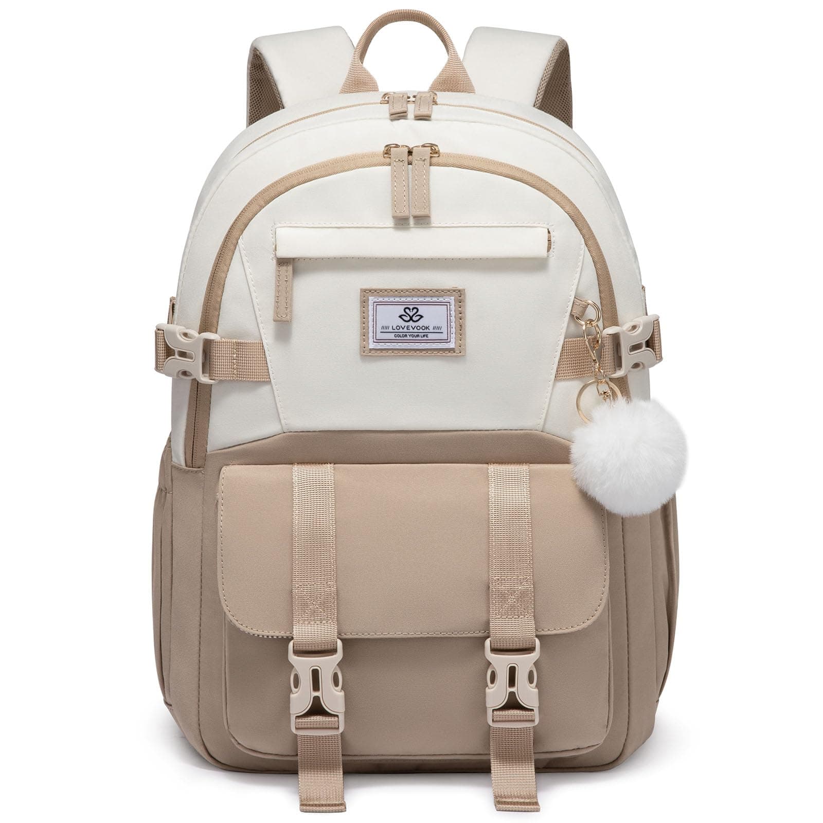LOVEVOOK Schulrucksack Teenager Mädchen 10-18 Jahre, Rucksack Damen mit Großem Flaschenfach, Multi-Tasche Schulranzen Schultasche, Wasserdicht School Bag 15,6 Zoll Laptop für Schule Uni, Khaki Beige