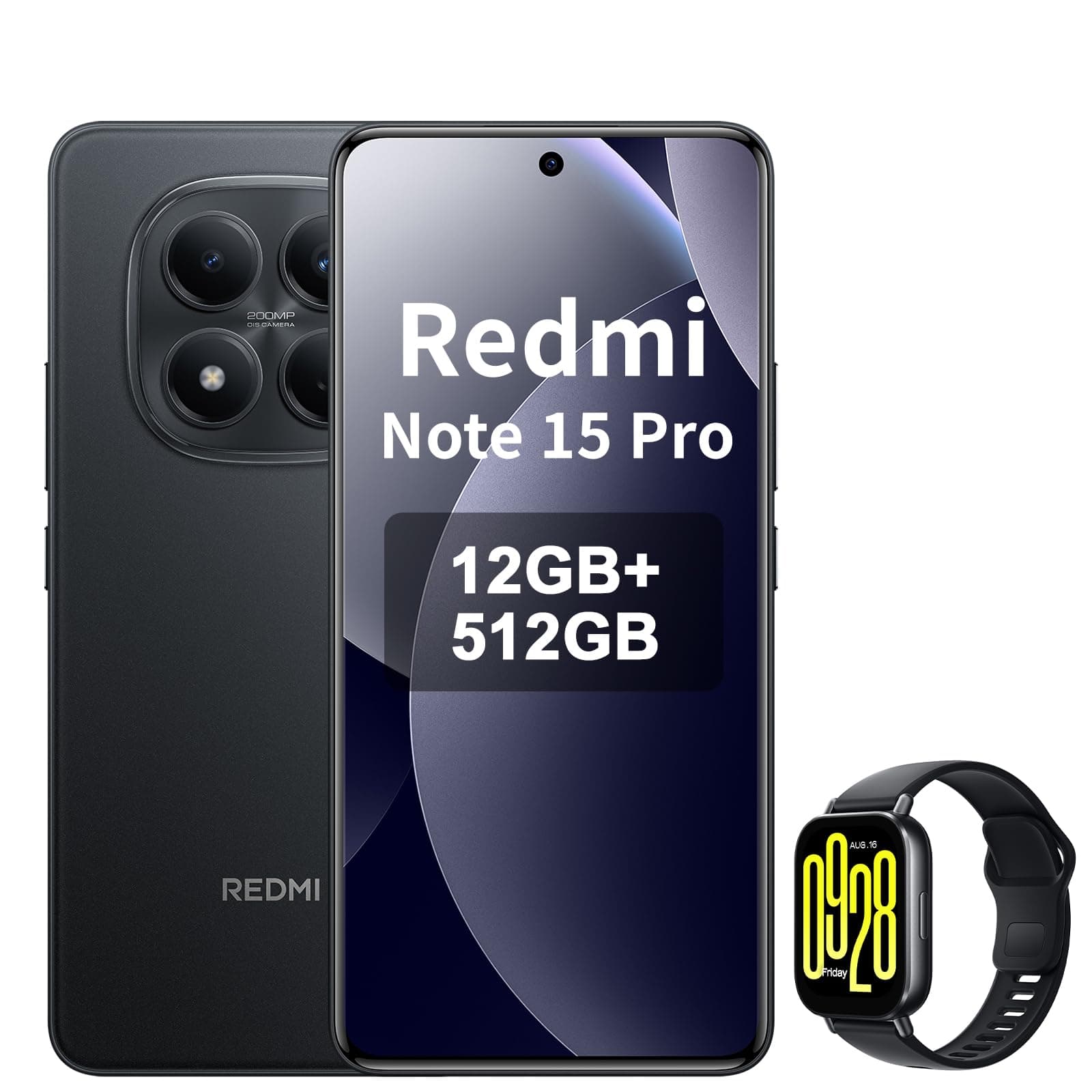 XIAOMI REDMI Note 15 Pro 4G Smartphone da 12+512GB, Batteria da 6500mAh, Fotocamera da 200MP, Display AMOLED FHD+ da 6,77 pollici, Nero, incluso Smart Watch