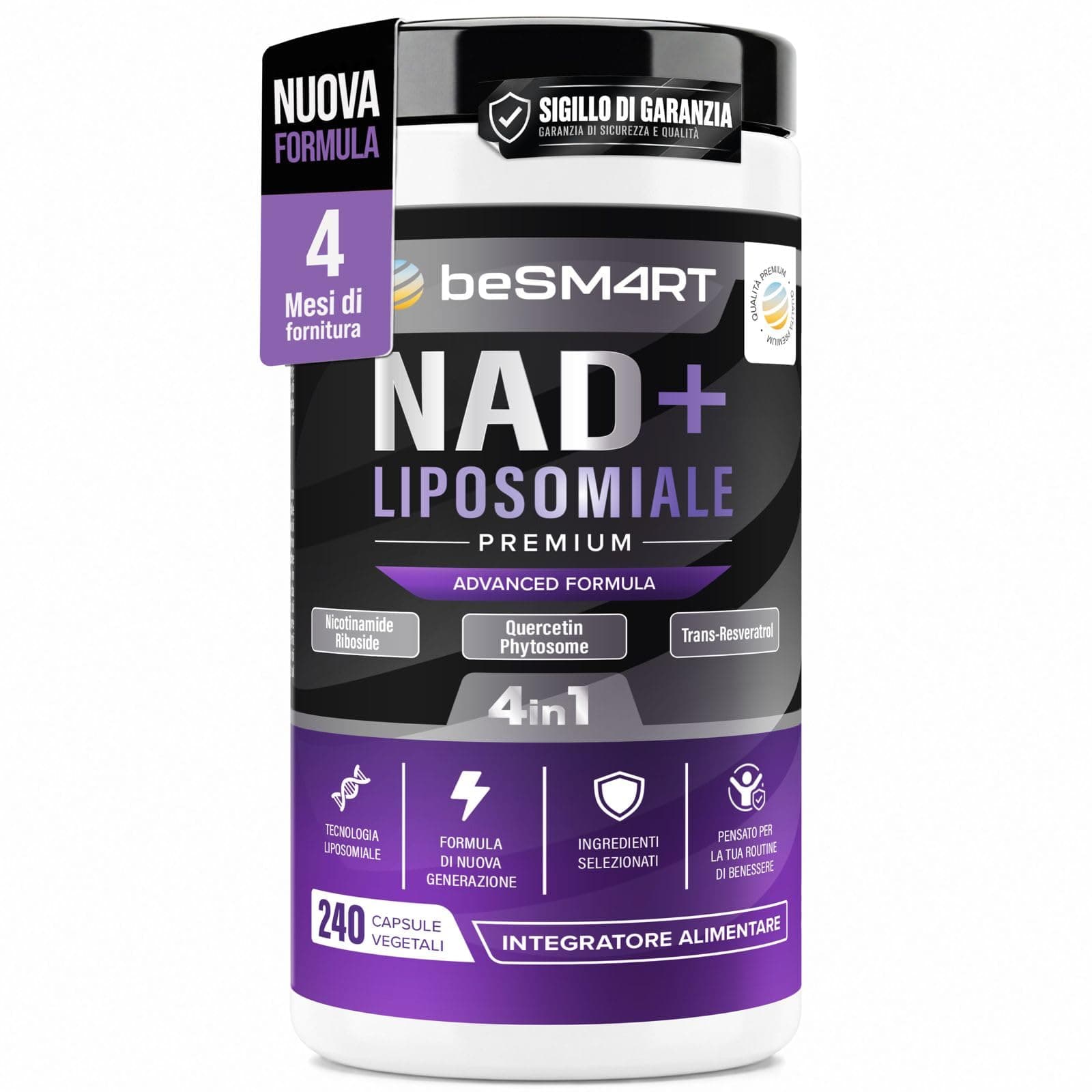 NAD+ Liposomiale 4 in 1, 240 Capsule Vegetali – Con Nicotinamide Riboside Cloruro, Quercetina Fitosoma e Trans-Resveratrolo-Formula Premium