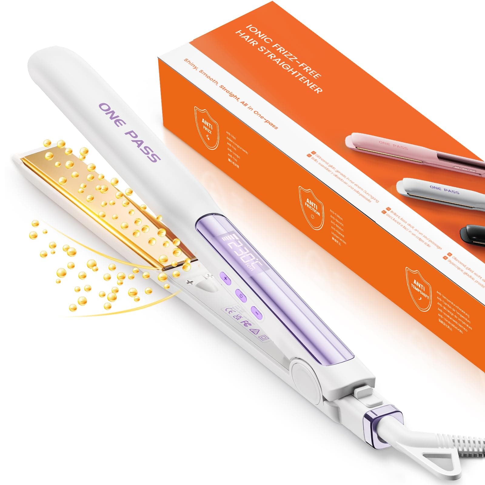 Faszin Plancha de Pelo Profesional Estrecha 2 en 1, Titanio con Iones, Calentamiento en 20s, Pantalla LCD, Para Alisar, Rizar y Estilizar con Precisión(Blanco)