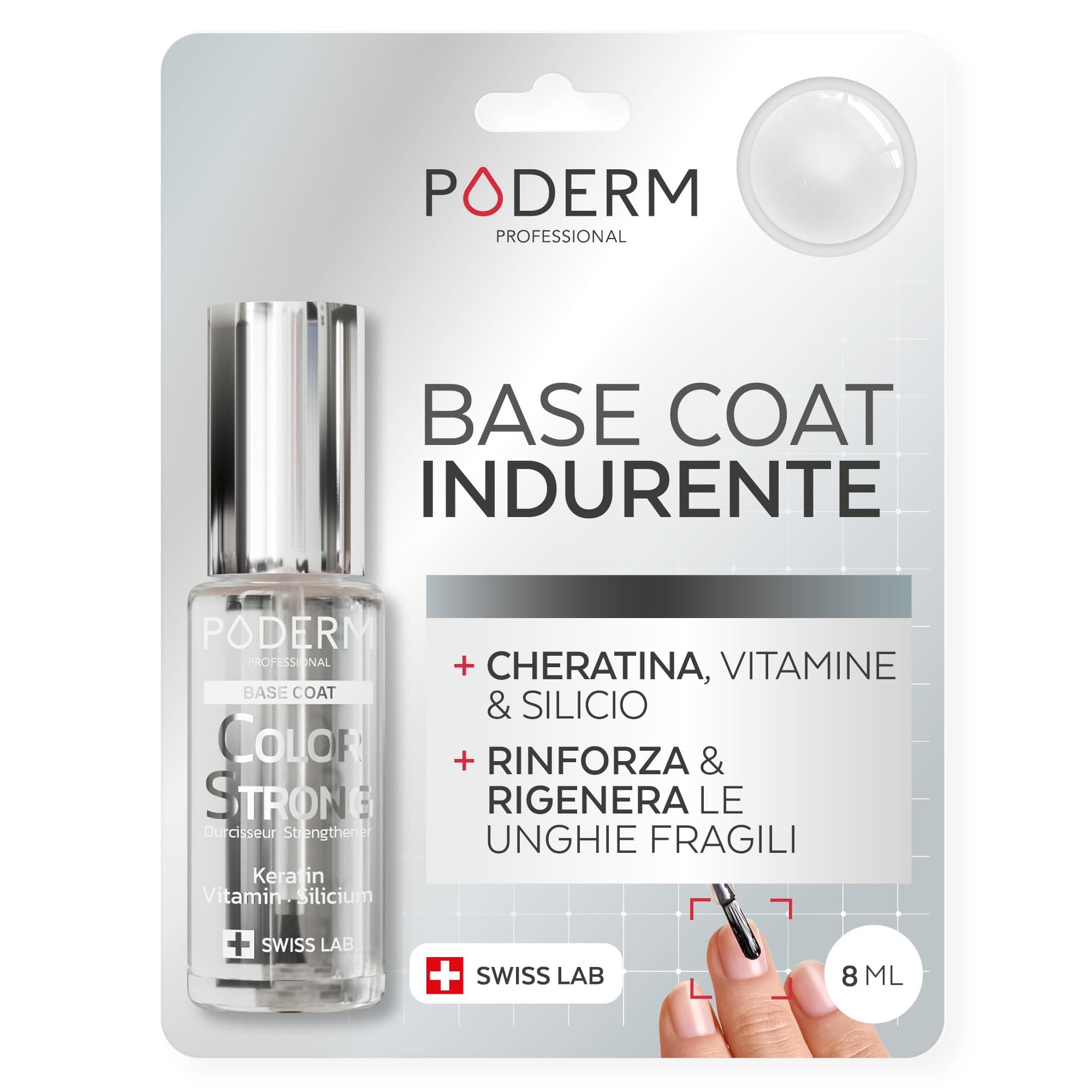 PODERM - Base Coat indurente per unghie BIOTINA SILICIO KERATINA - Migliora l'adesione - Assicura una lunga durata dei colori sulle unghie indebolite dal semipermanente - Mani e Piedi - SWISS MADE