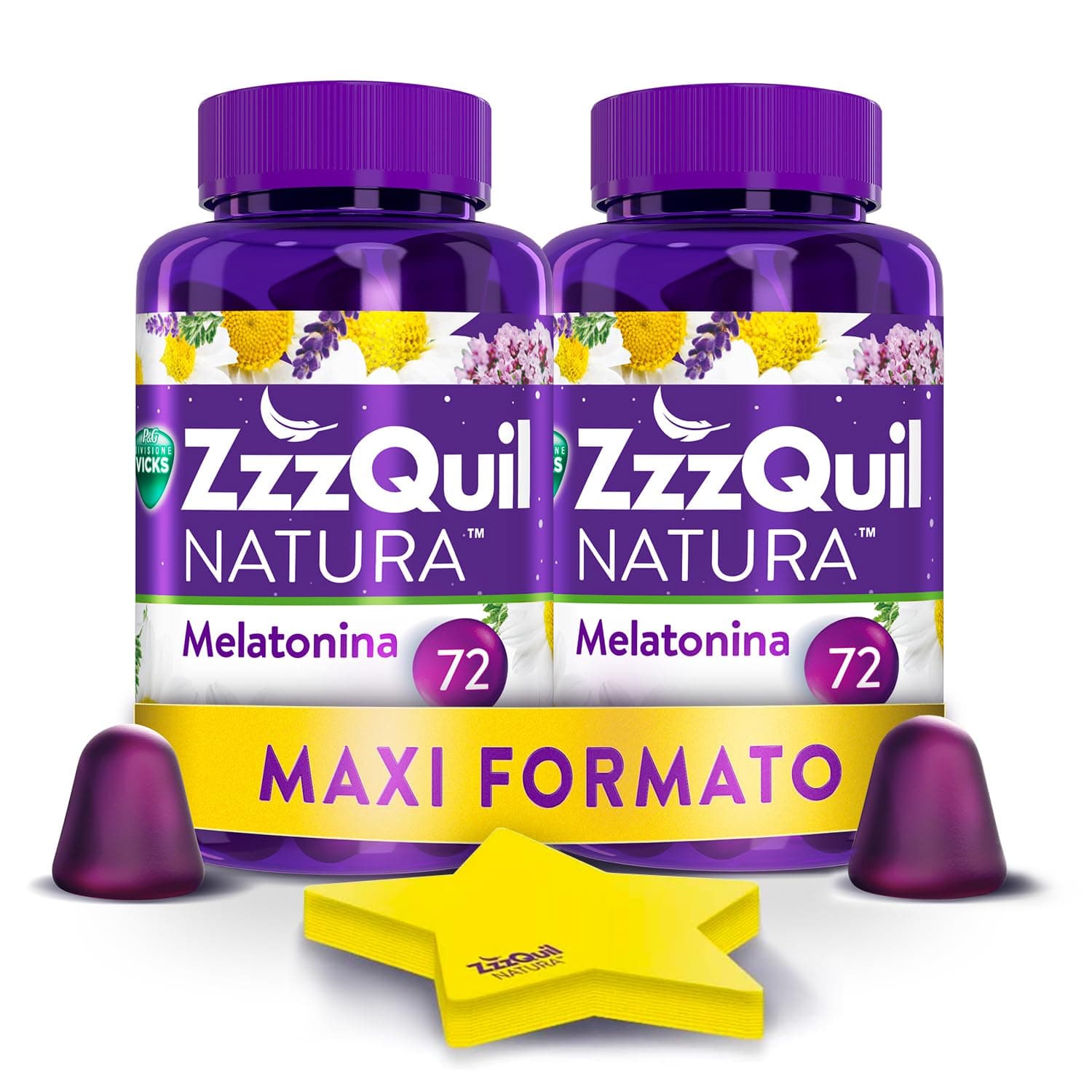ZzzQuil Natura Integratore con Melatonina pura ed Estratti Di Valeriana Per Dormire, Camomilla e Lavanda, Maxi Formato Frutti Di Bosco 2x72 Gommose + Foglietti Adesivi Stella