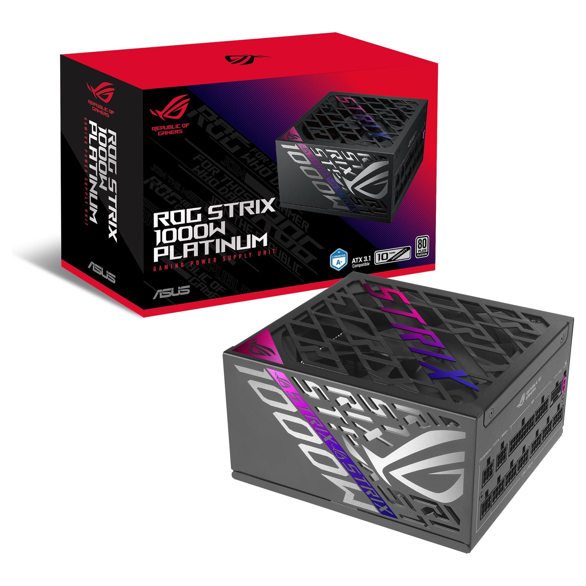 ASUS ROG Strix 1000W Platinum - Fuente de alimentación Totalmente Modular, 80 Plus Platinum, ATX 3.1, Cybenetics Lambda A+, GAN MOSFET, GPU-First Intelligent Voltage Stabilizer, 10 años de Cobertura