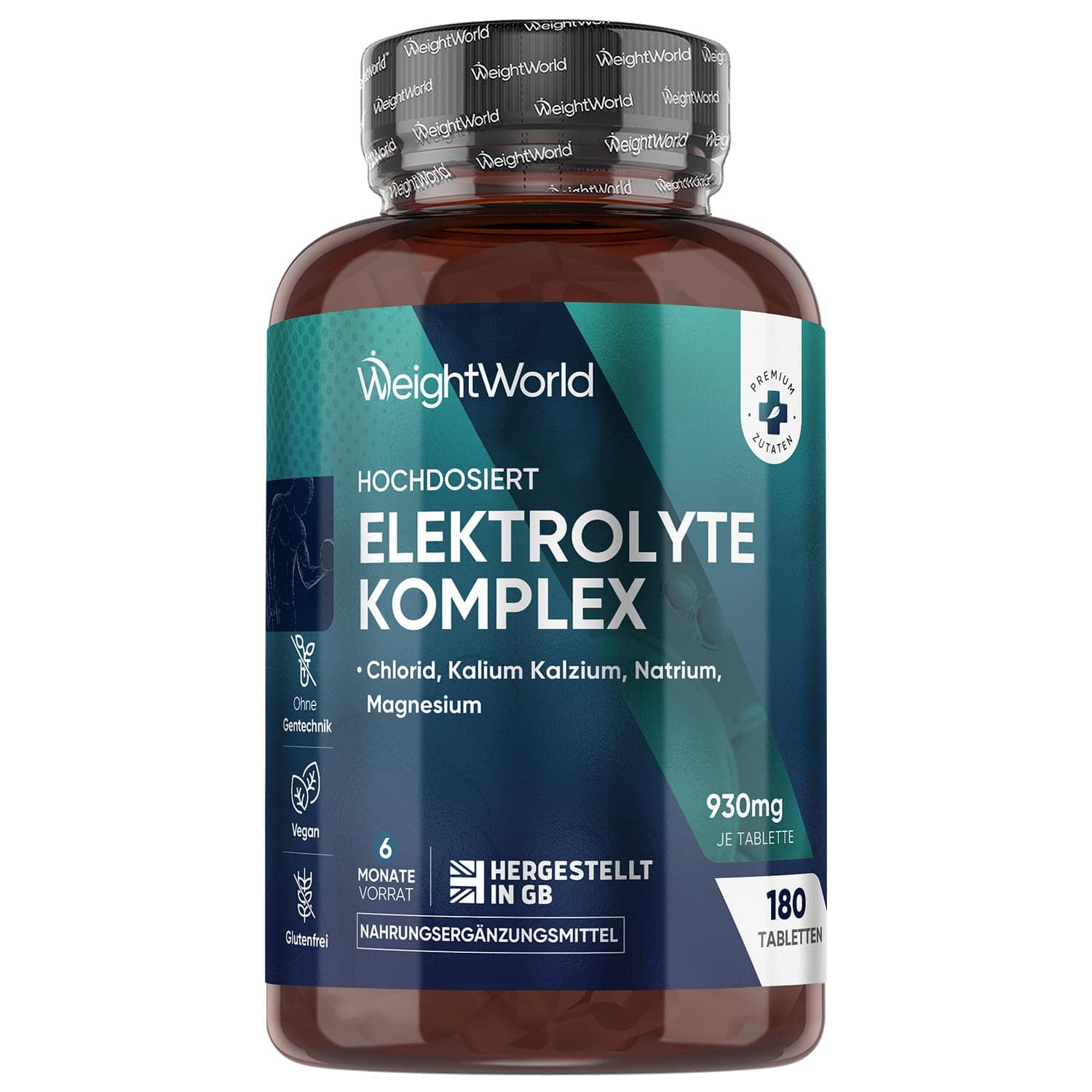 Elektrolyte Tabletten - 930mg pro Portion - mit Magnesium, Kalzium, Kalium, Natrium & Chlorid - 180 vegane Tabletten - Electrolyte Tablets Komplex - Glutenfrei - Ohne Gentechnik - WeightWorld