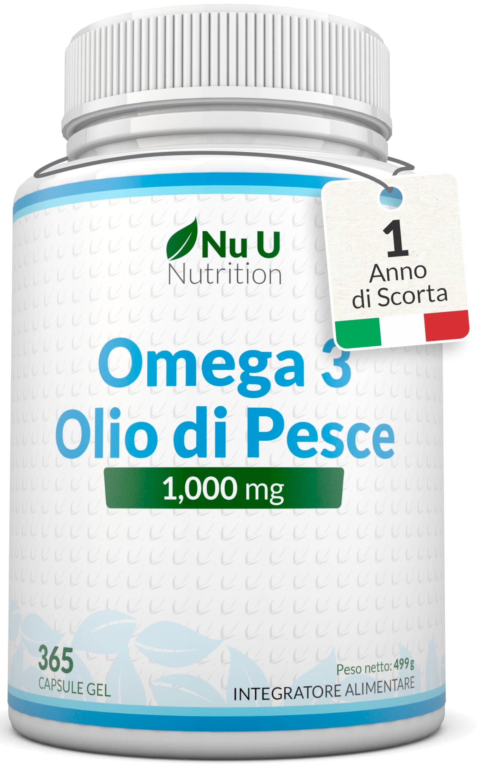 Omega 3 Olio di Pesce 1000mg Formato TG - 365 Capsule Softgels - 540mg EPA e 360mg DHA per Porzione - Omega3 Fish Oil da Pesce Selvatico - Prodotto in Europa - Nu U Nutrition