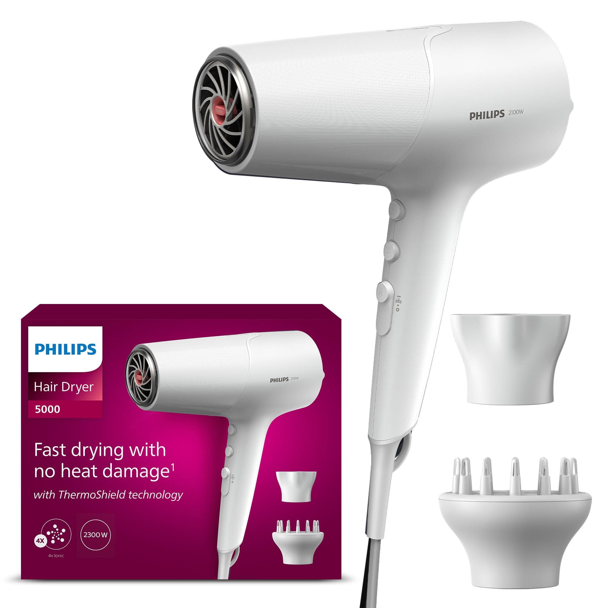 Philips Haartrockner 5000 Series, ThermoShield Technologie, Ionisierungsfunktion, 2.100 W, Weiß, mit Stylingdüse und Volumendiffusor, Modell BHD500/20