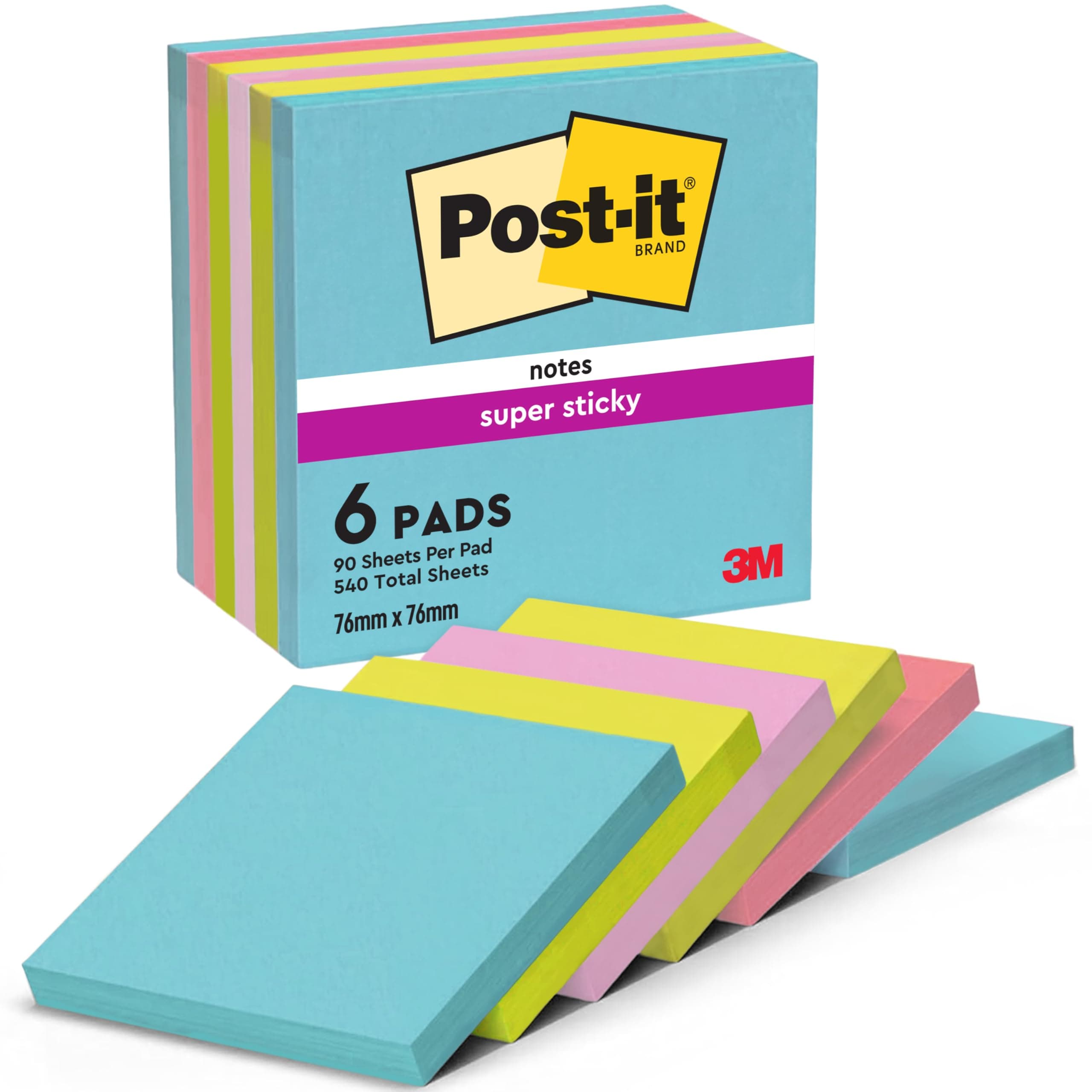 Post-it Foglietti Super Sticky, Colori Assortiti, Confezione da 6 Blocchetti, 90 Fogli per Blocco, 76 mm x 76 mm - Foglietti Extra Adesivi per Appunti, Elenchi & Promemoria