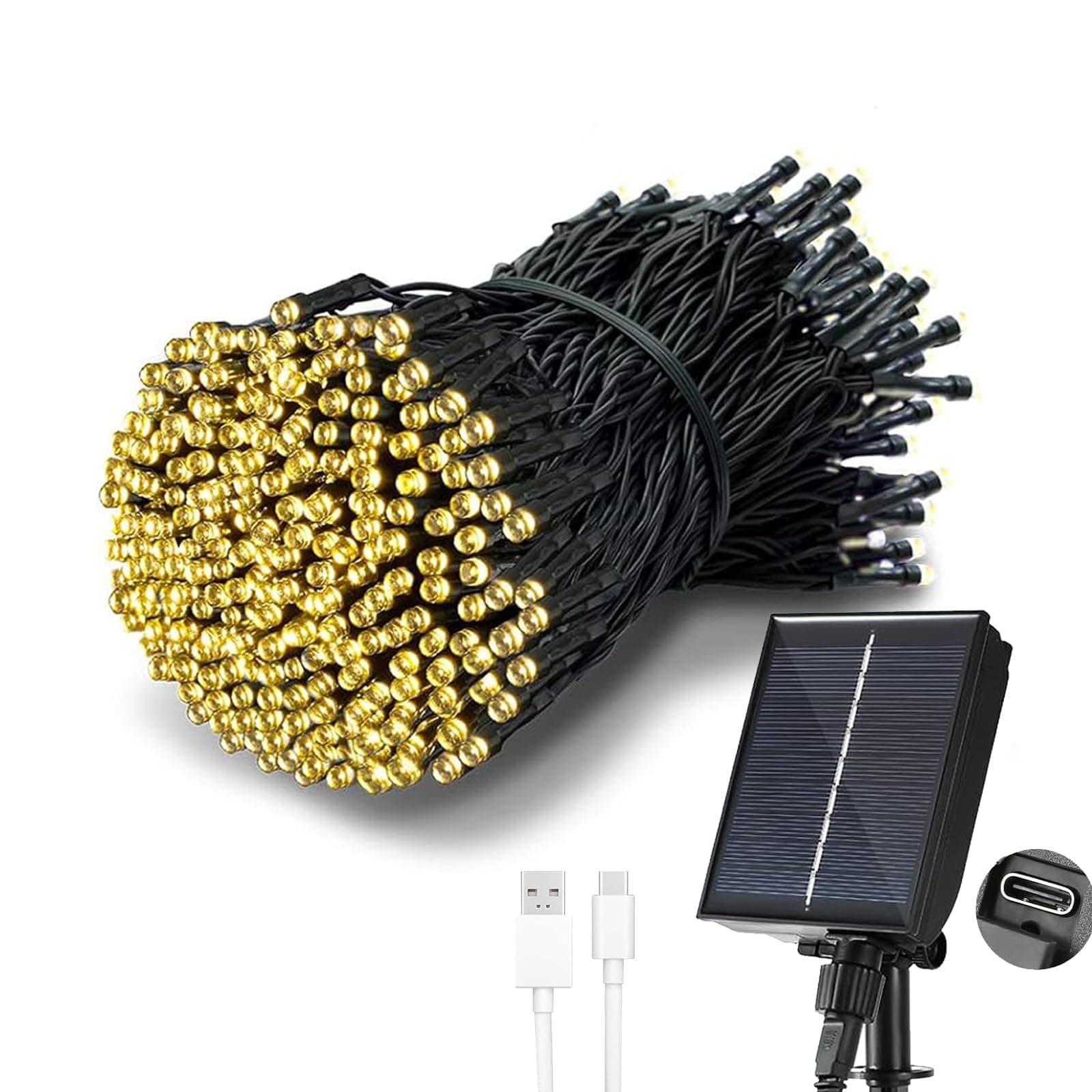 Tacobey Guirnalda Luces Exterior Solar, 【Carga USB】 20M 200 led Cadena de Luces, 8 Modos, Impermeable, Luz Solar Exteriors para Jardín, Terraza, Patio Decoración (Blanco Cálido)