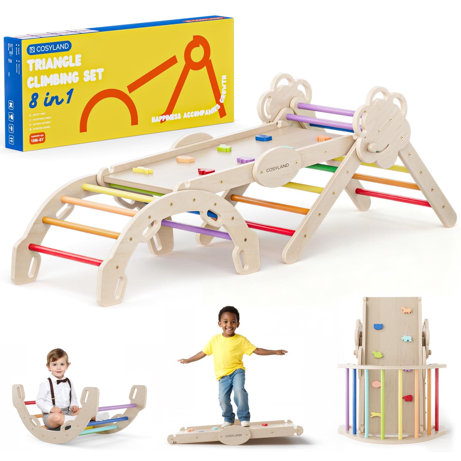 COSYLAND 8 en 1 Triángulo de Escalada Montessori con Arco y Rampa, Set Plegable Infantil, Juguete de Madera Resistente para Interior, Niños 18 Meses-6 años, Natural/Multicolor, Grande