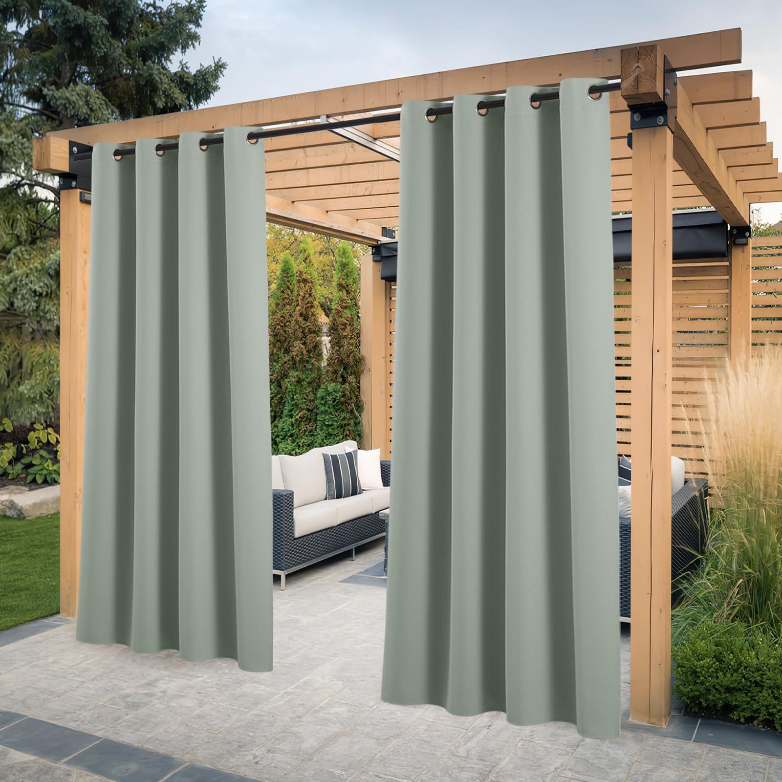 PONY DANCE Cortinas Opacas para Pergolas de Jardin, Cortina para Exterior Terrazas Impermeable con Ojales de Porche Puerta, 2 Piezas, 132x213 cm, Verde Salvia
