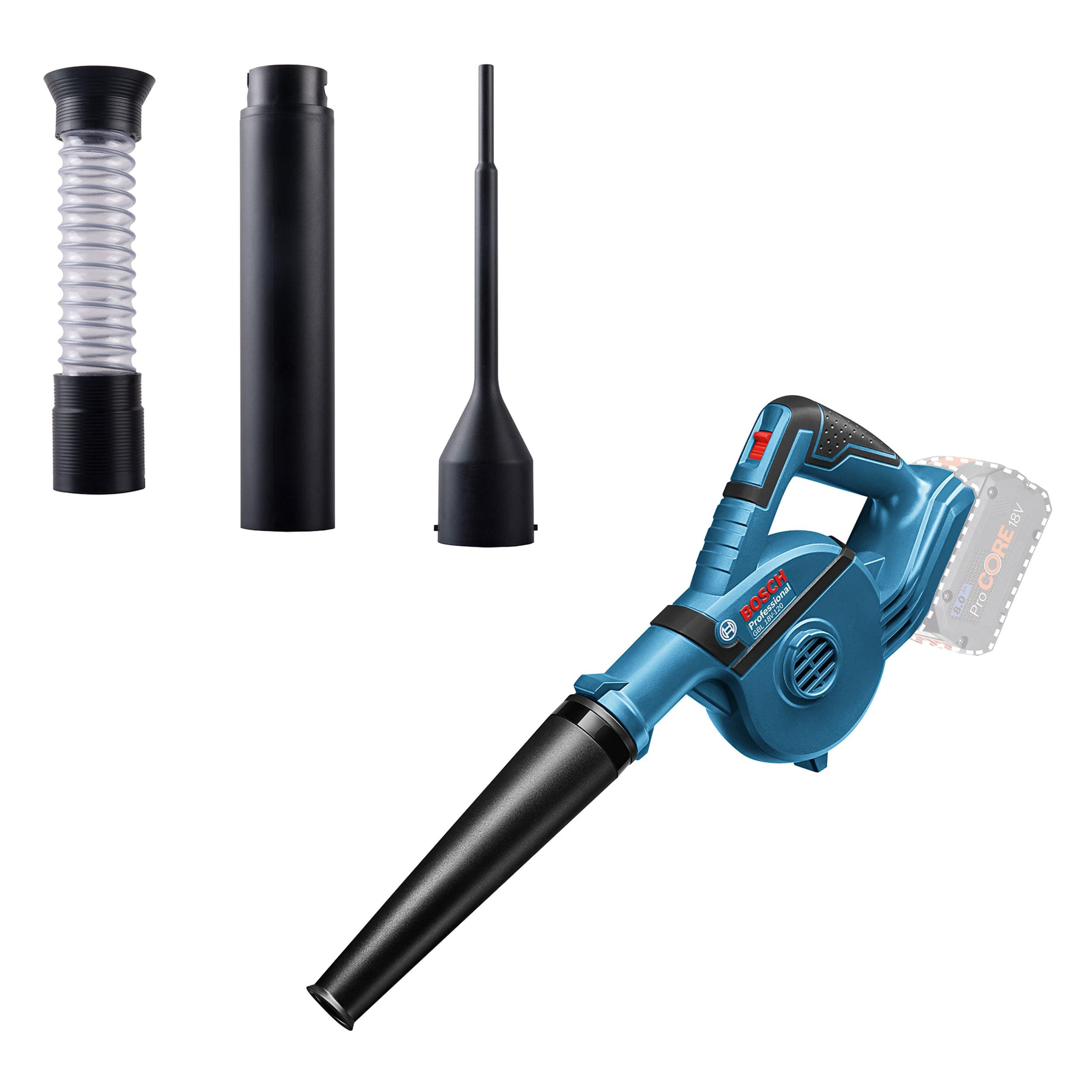 Bosch Professional 18V System souffleur sans-Fil GBL 18V-120 (avec 4 Embouts, buse Standard, Tube prolongateur, buse pour Trous de perçage, bac à poussière)