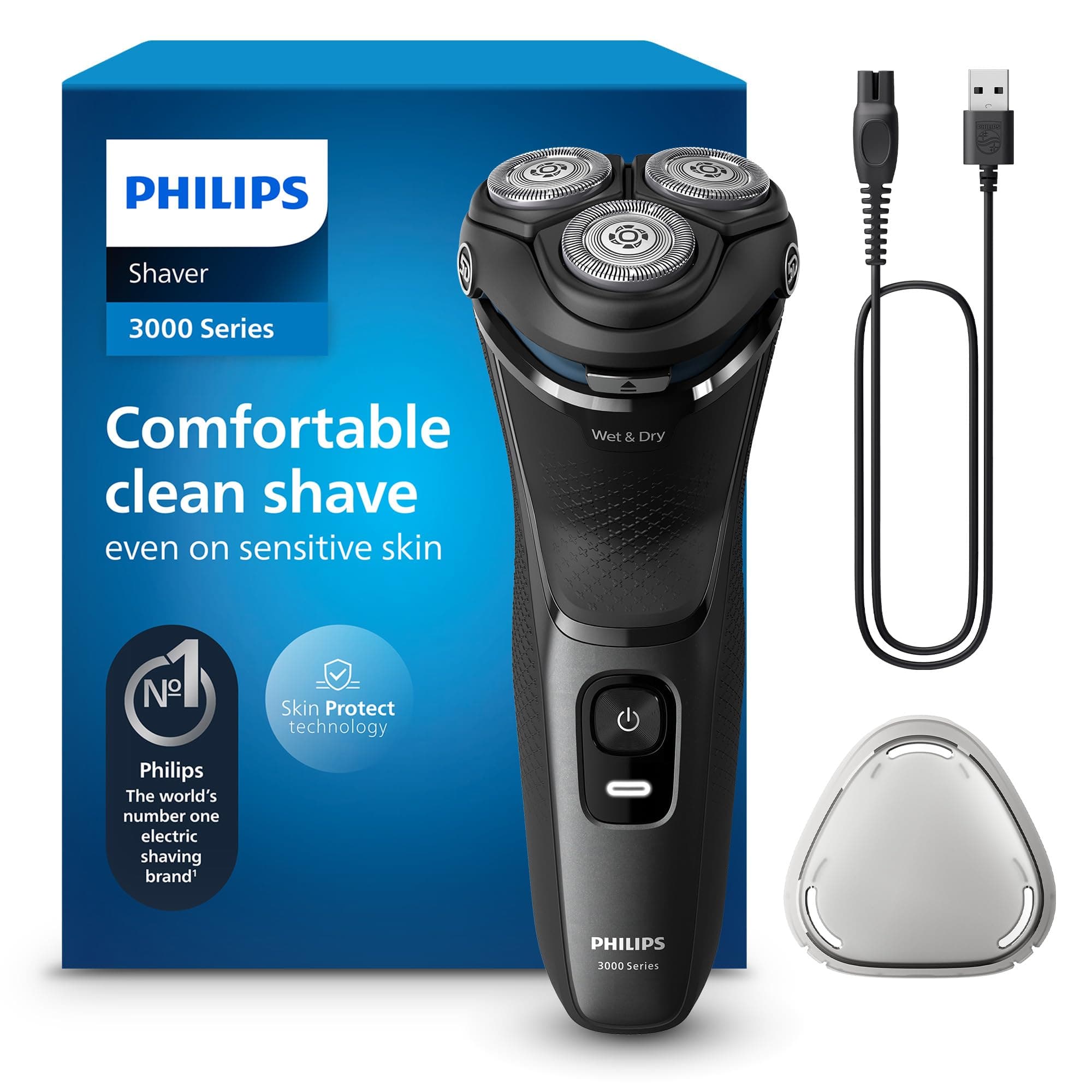 Philips rasoio elettrico serie 3000 - Rasoio elettrico Wet & Dry per uomo con tecnologia SkinProtect, colore Dark Moon, rifinitore a scomparsa, rasoio cordless (modello S3145/00)